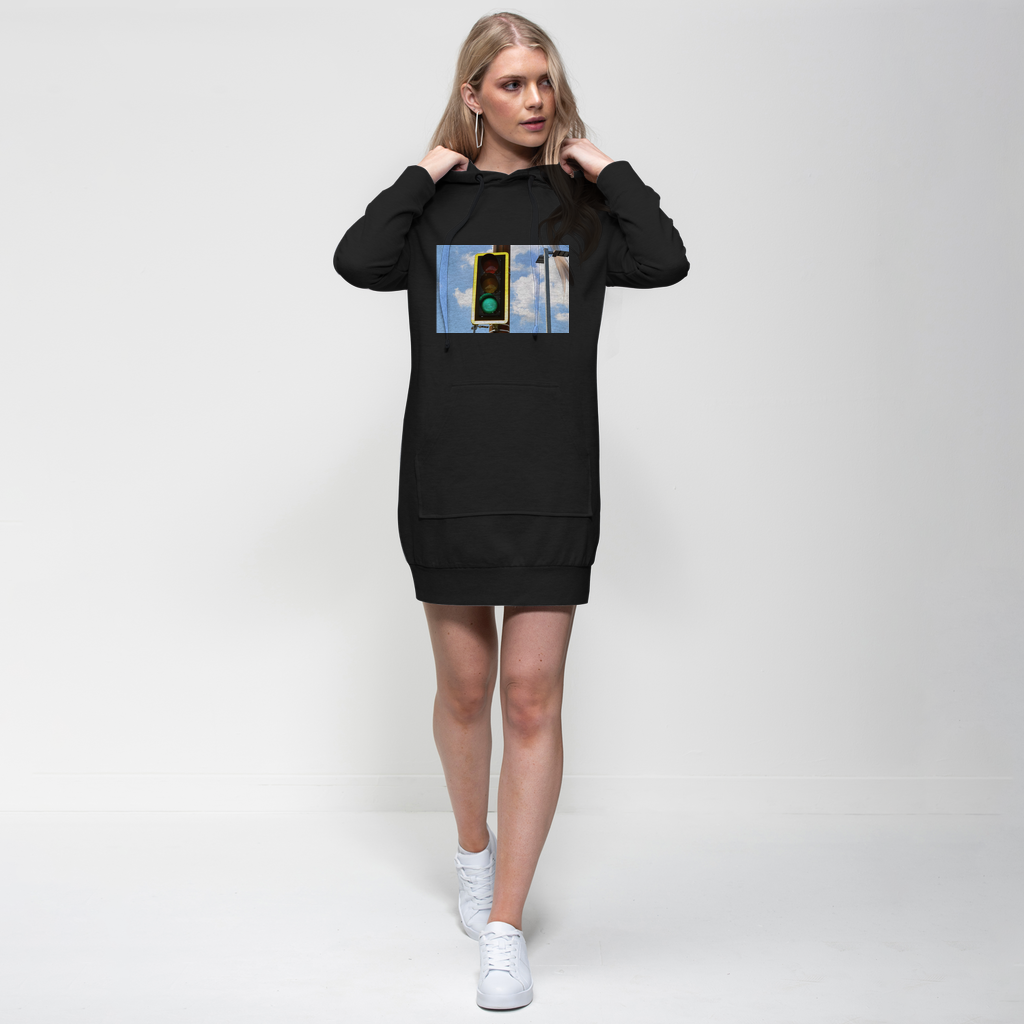 Traffic Light Premium Adult Hoodie Dress featuring a relaxed fit, hood with drawstring, and kangaroo pouch pocket, made from soft cotton blend fabric.