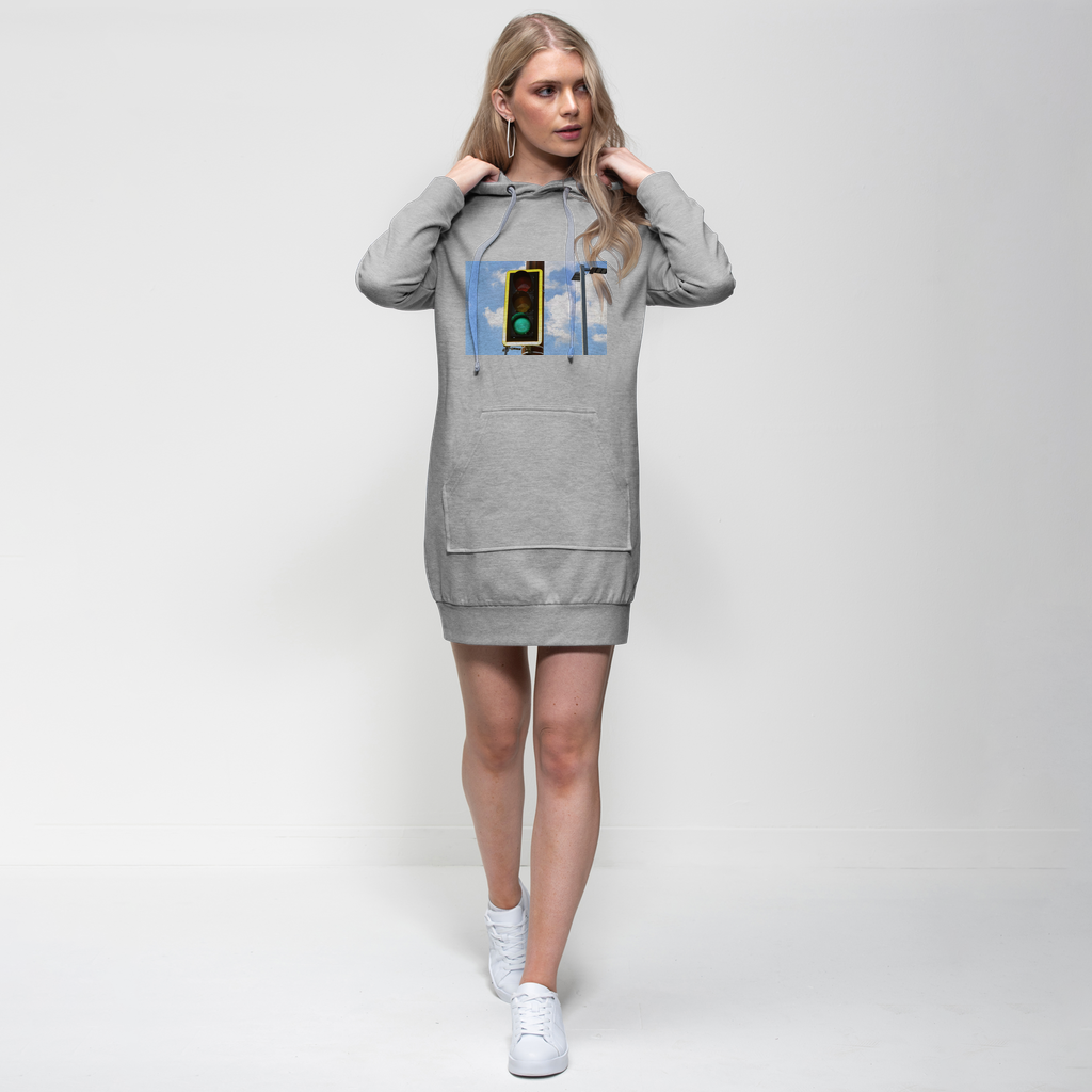 Traffic Light Premium Adult Hoodie Dress featuring a relaxed fit, hood with drawstring, and kangaroo pouch pocket, made from soft cotton blend fabric.