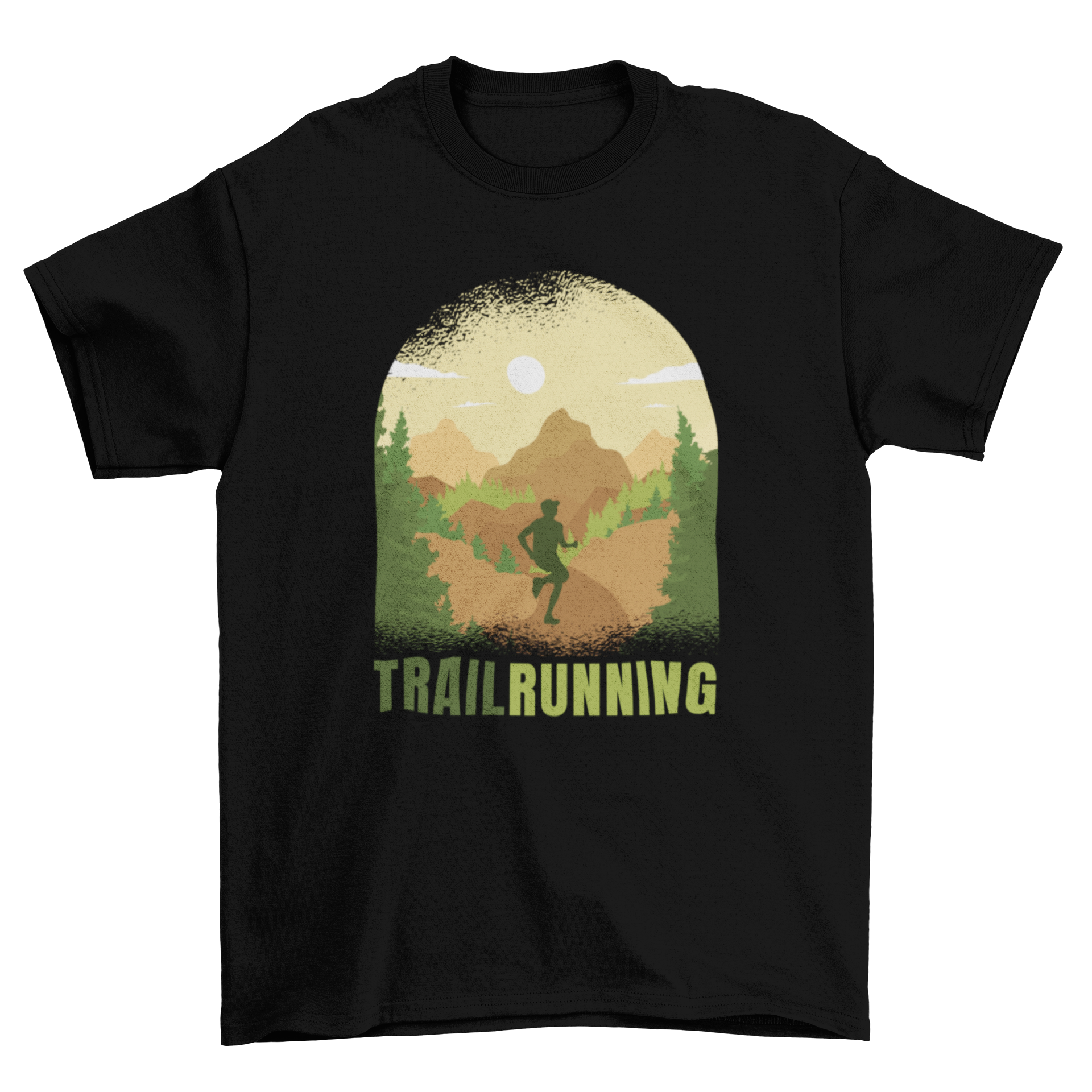 Trail Runner Nature T-Shirt featuring a man running through a scenic trail landscape, showcasing outdoor adventure and style.