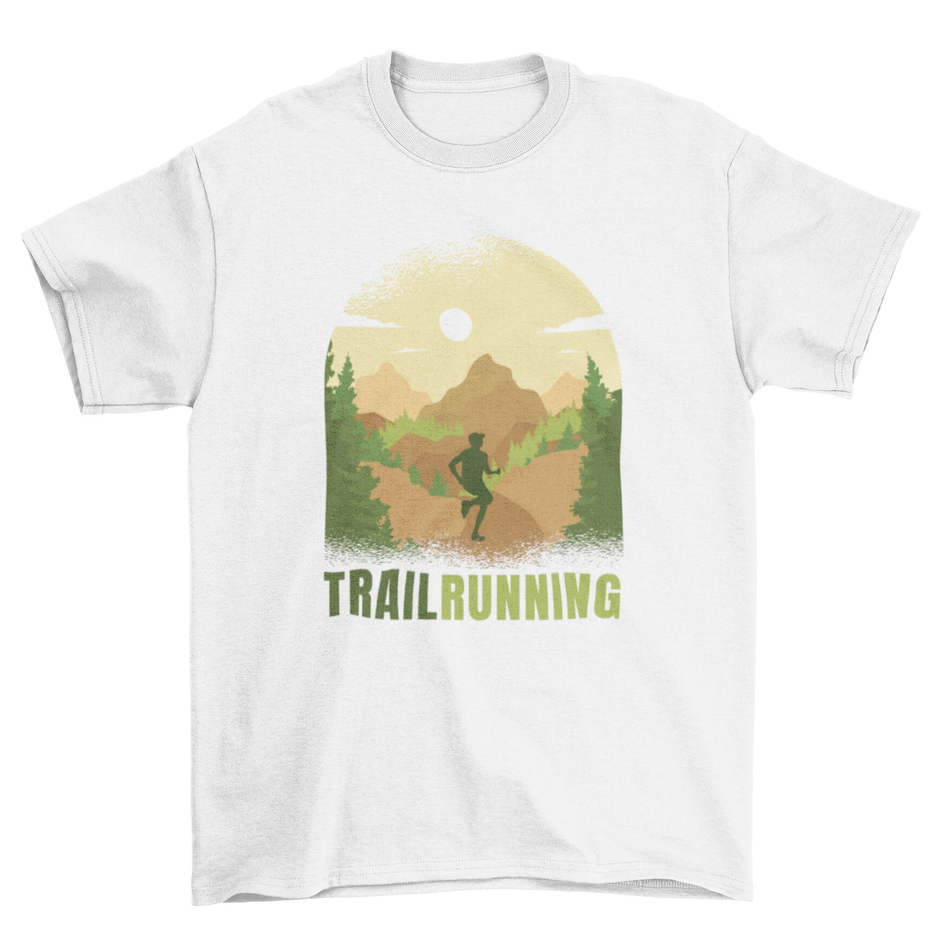 Trail Runner Nature T-Shirt featuring a man running through a scenic trail landscape, showcasing outdoor adventure and style.