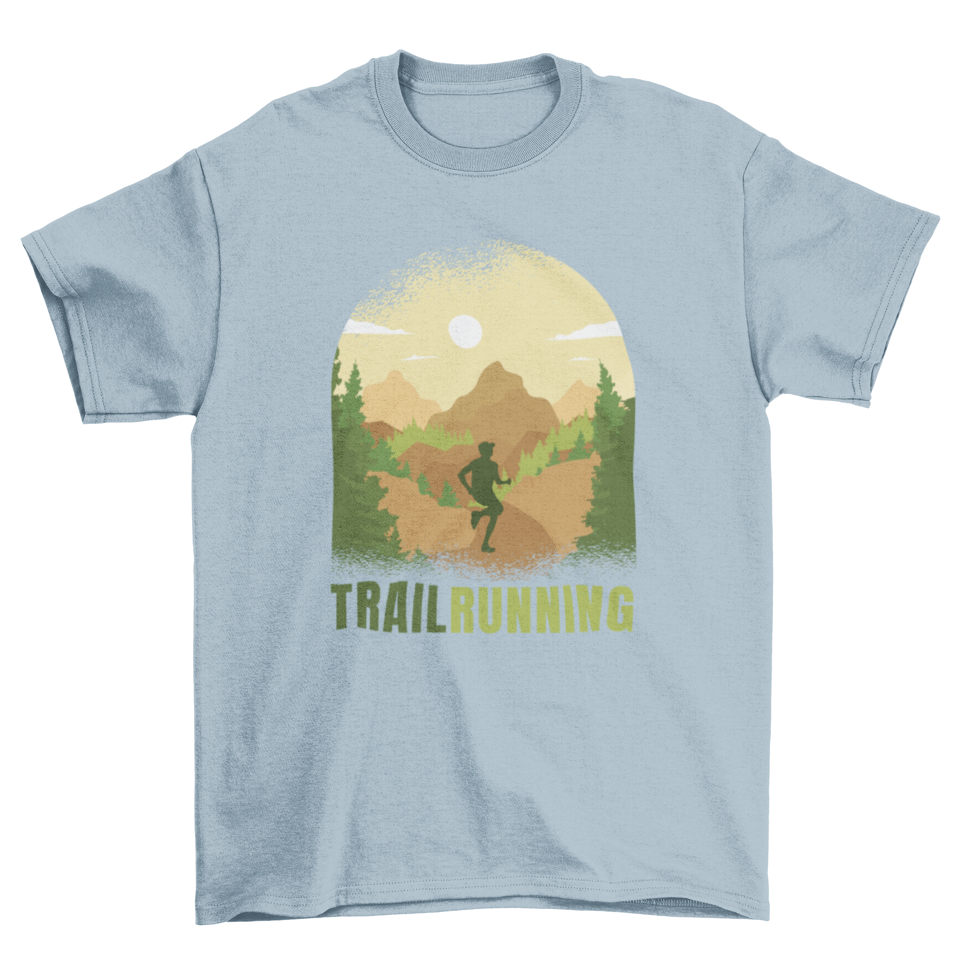 Trail Runner Nature T-Shirt featuring a man running through a scenic trail landscape, showcasing outdoor adventure and style.