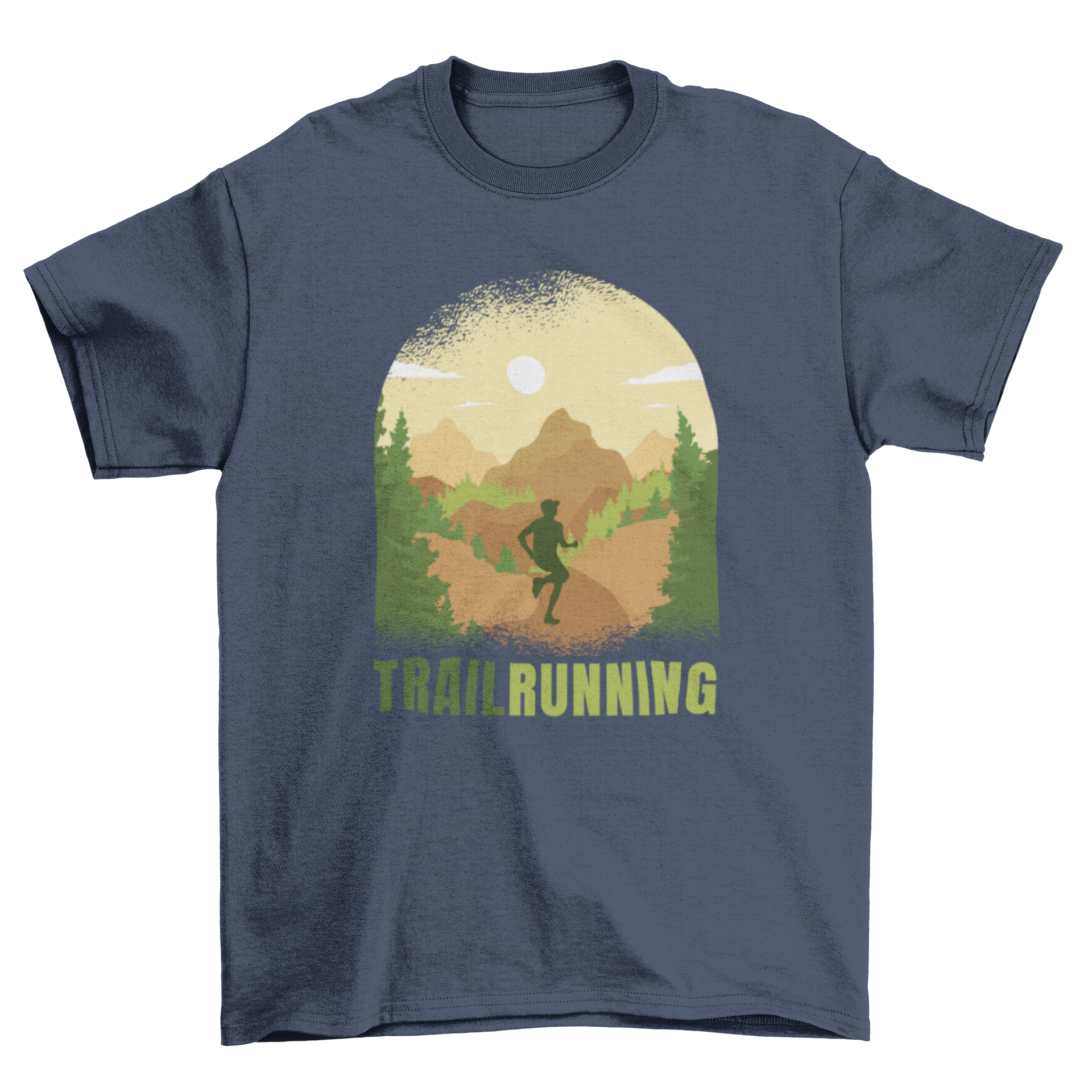 Trail Runner Nature T-Shirt featuring a man running through a scenic trail landscape, showcasing outdoor adventure and style.