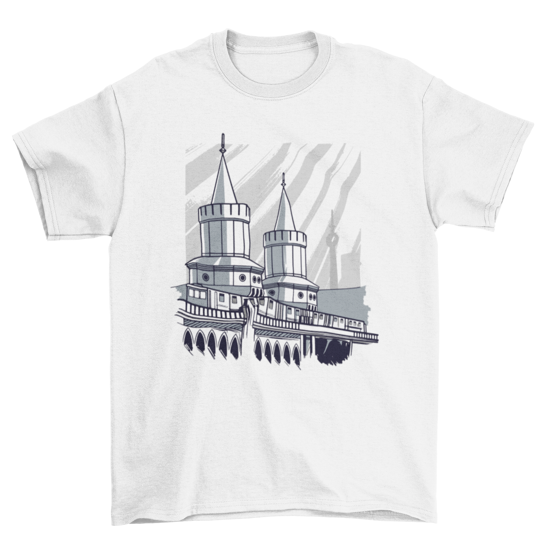 Train Bridge T-Shirt Design featuring a train passing over a bridge with two towers, showcasing a vibrant and artistic illustration.