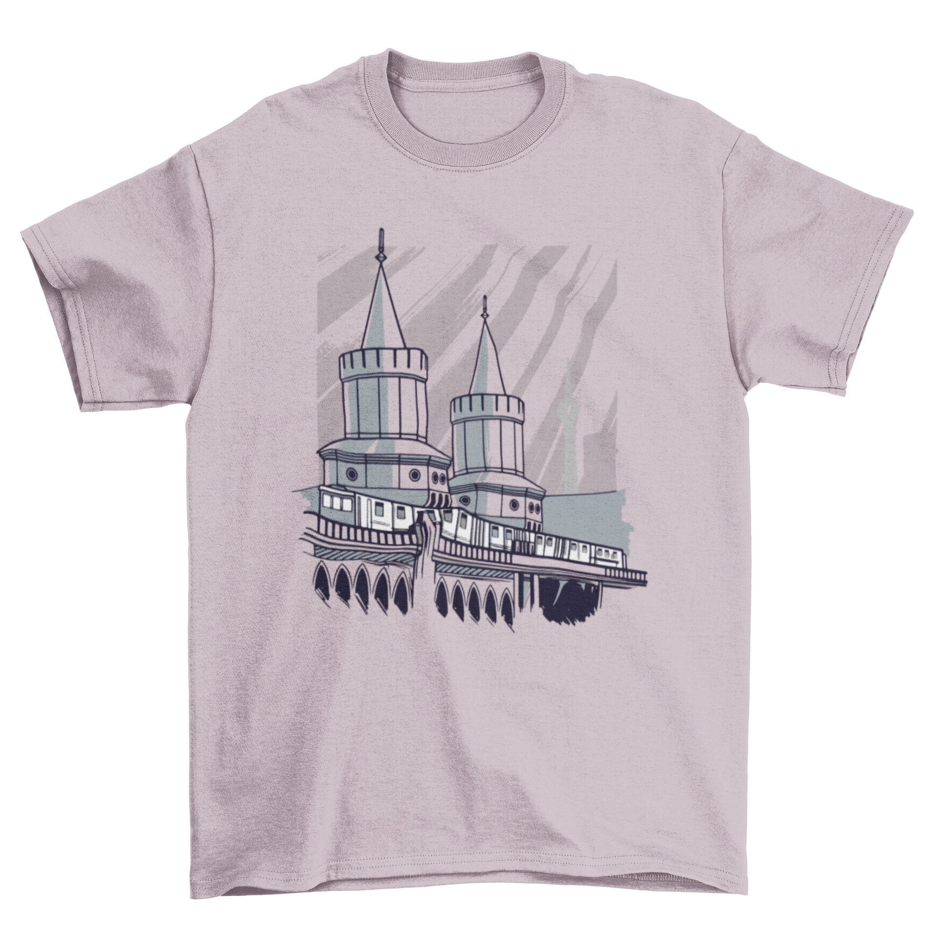 Train Bridge T-Shirt Design featuring a train passing over a bridge with two towers, showcasing a vibrant and artistic illustration.