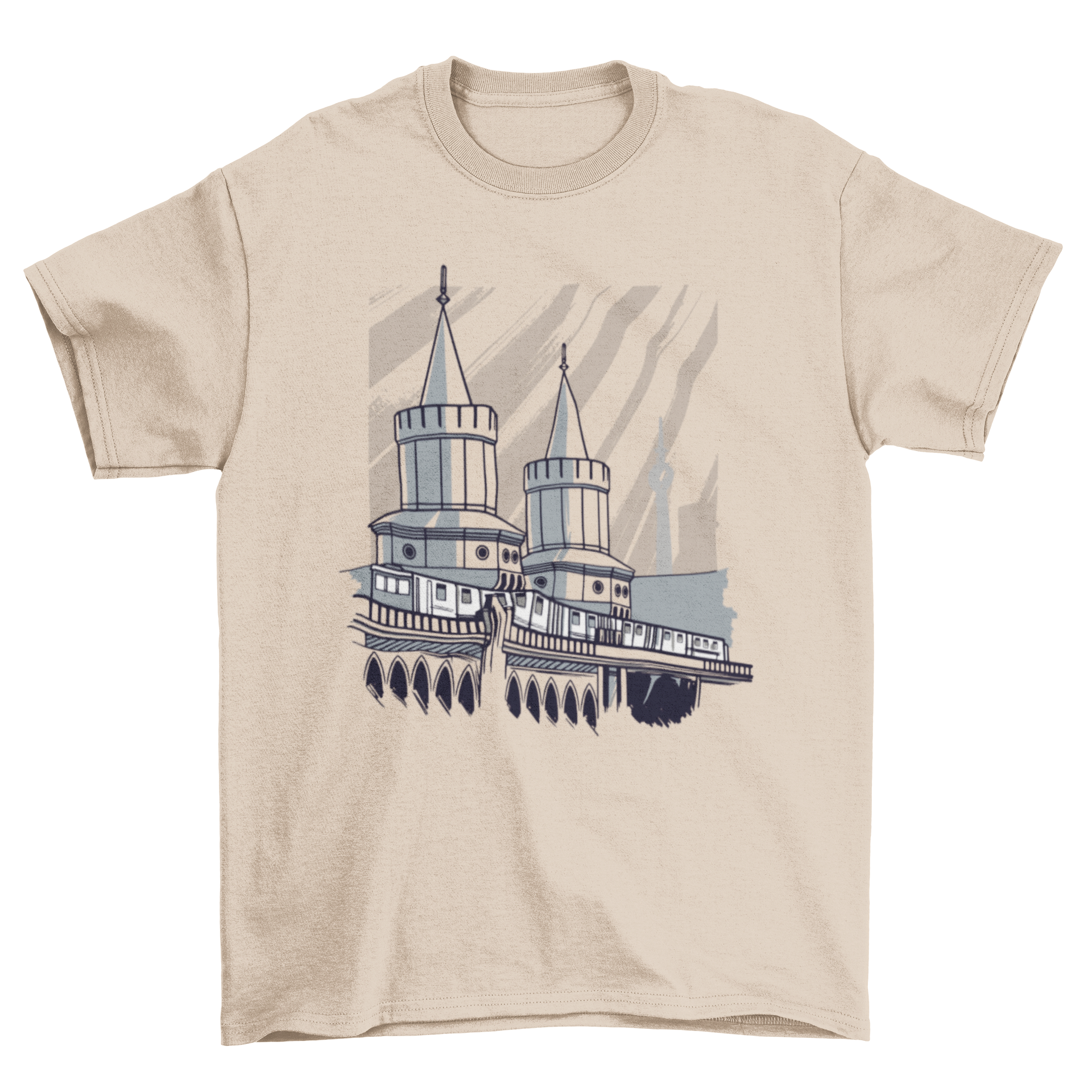 Train Bridge T-Shirt Design featuring a train passing over a bridge with two towers, showcasing a vibrant and artistic illustration.