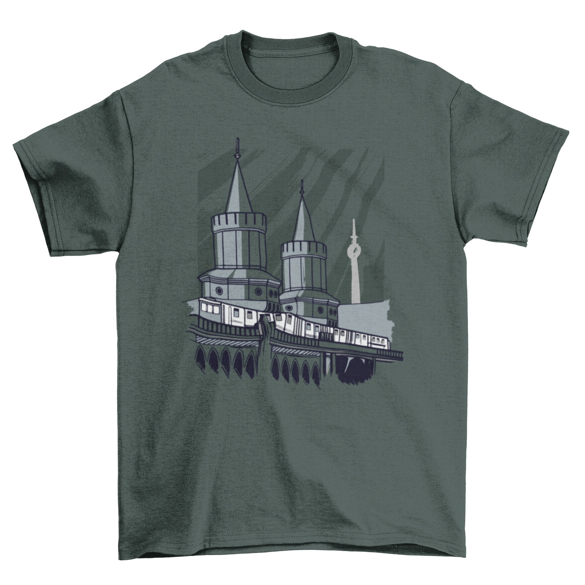 Train Bridge T-Shirt Design featuring a train passing over a bridge with two towers, showcasing a vibrant and artistic illustration.