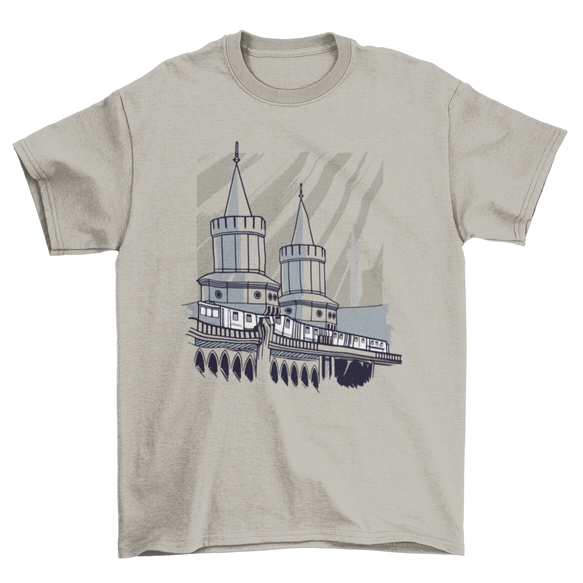 Train Bridge T-Shirt Design featuring a train passing over a bridge with two towers, showcasing a vibrant and artistic illustration.