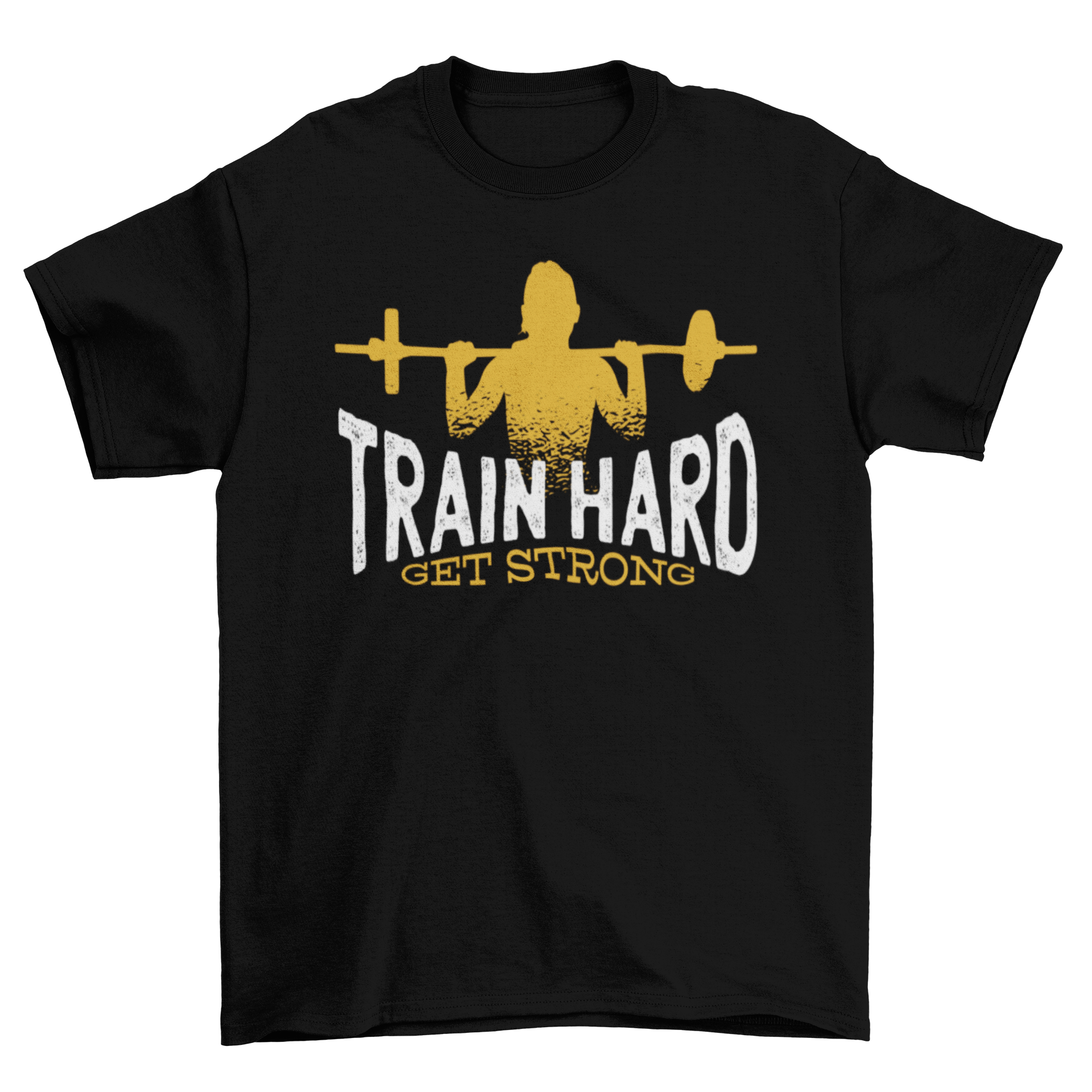 Train Hard Get Strong T-shirt featuring a female silhouette lifting a barbell with motivational text.