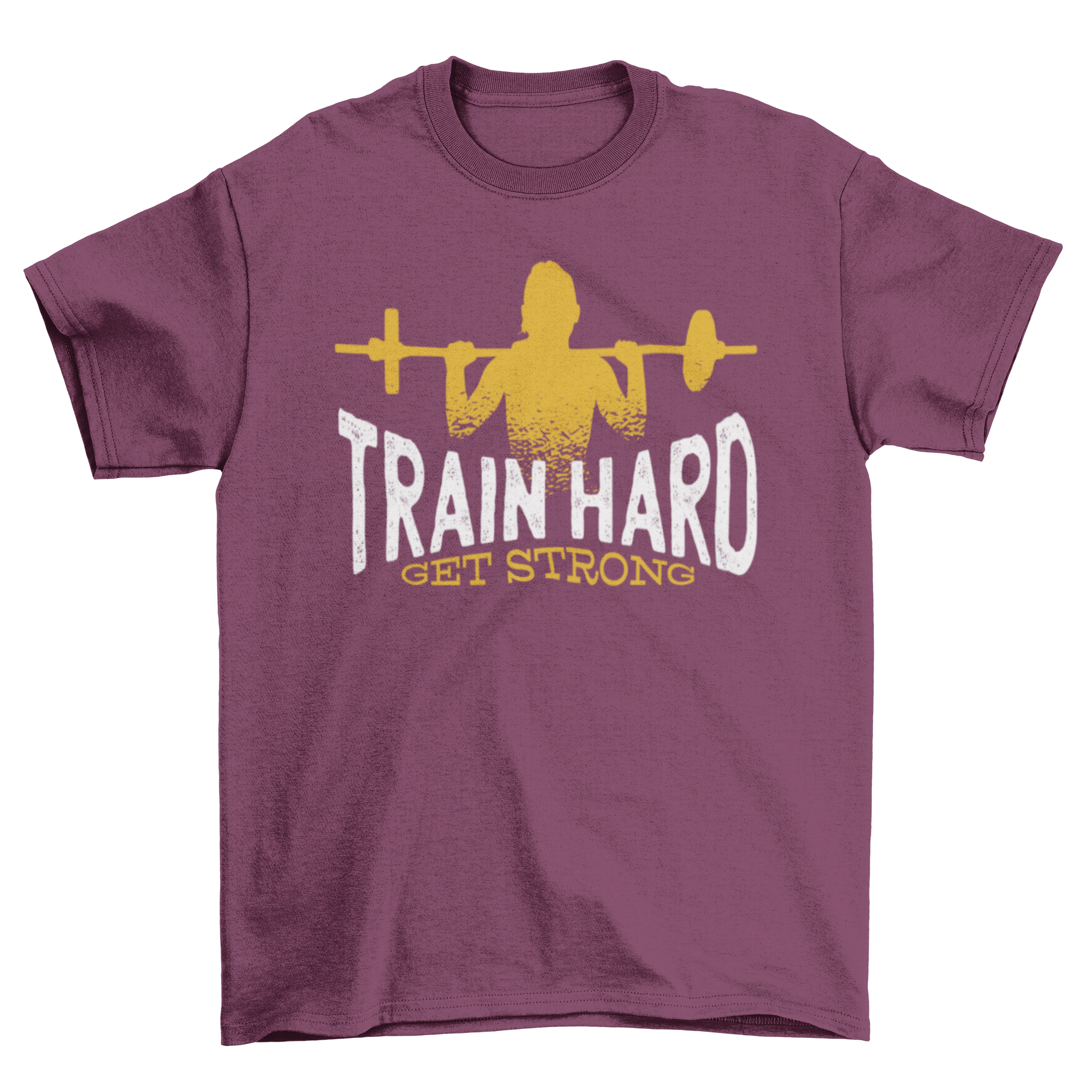 Train Hard Get Strong T-shirt featuring a female silhouette lifting a barbell with motivational text.