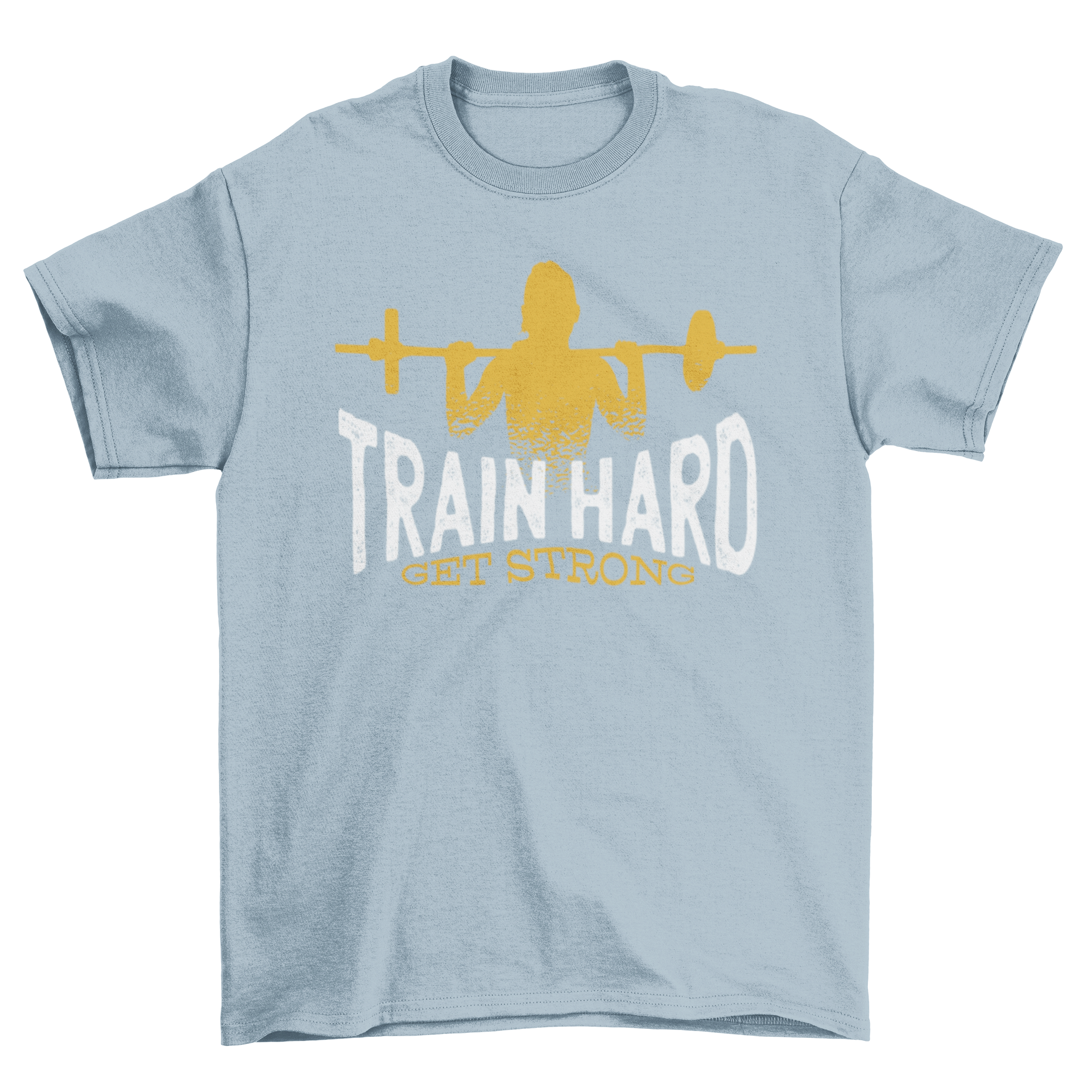 Train Hard Get Strong T-shirt featuring a female silhouette lifting a barbell with motivational text.