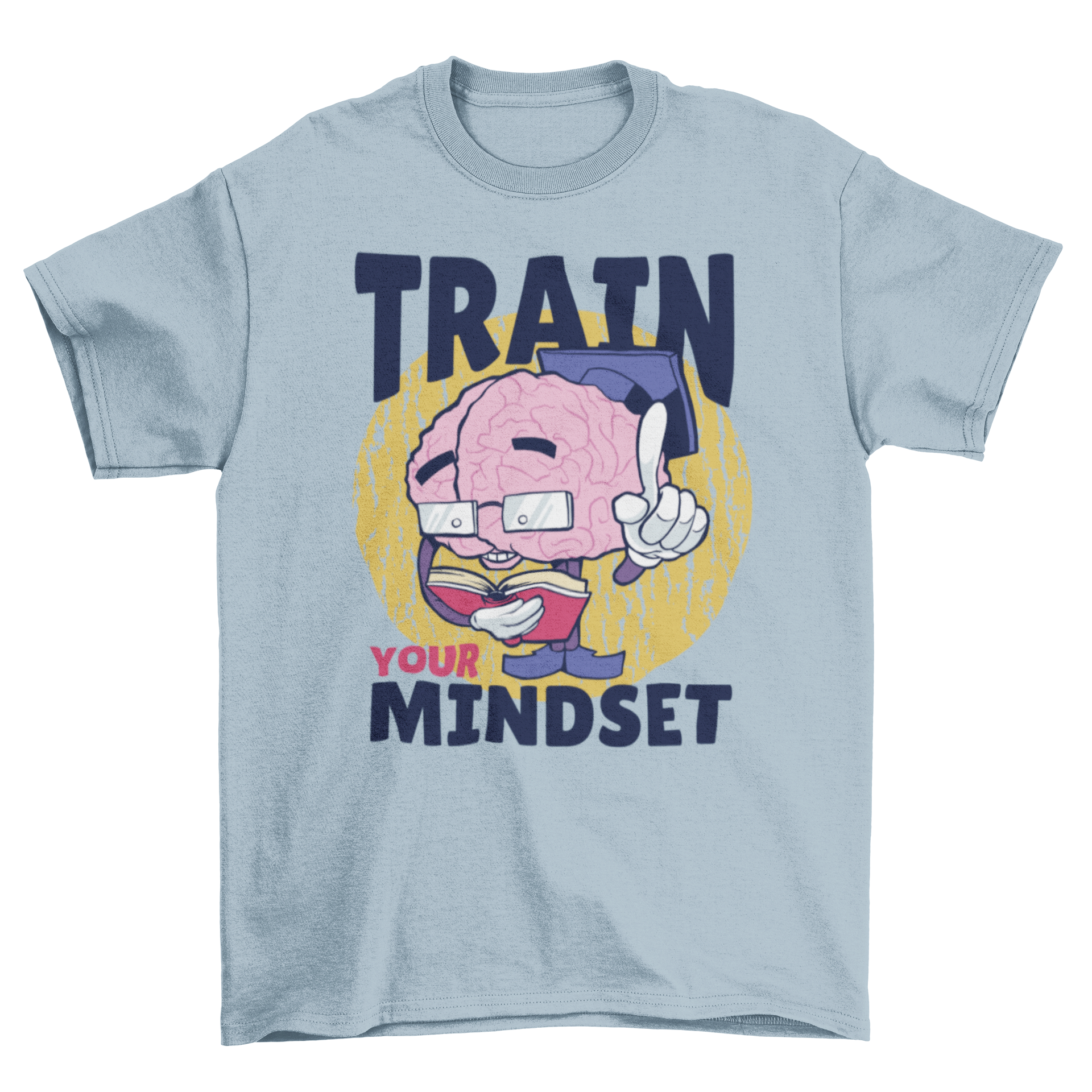 Train Your Mindset t-shirt featuring a cartoon brain with glasses and a hat, reading a book.