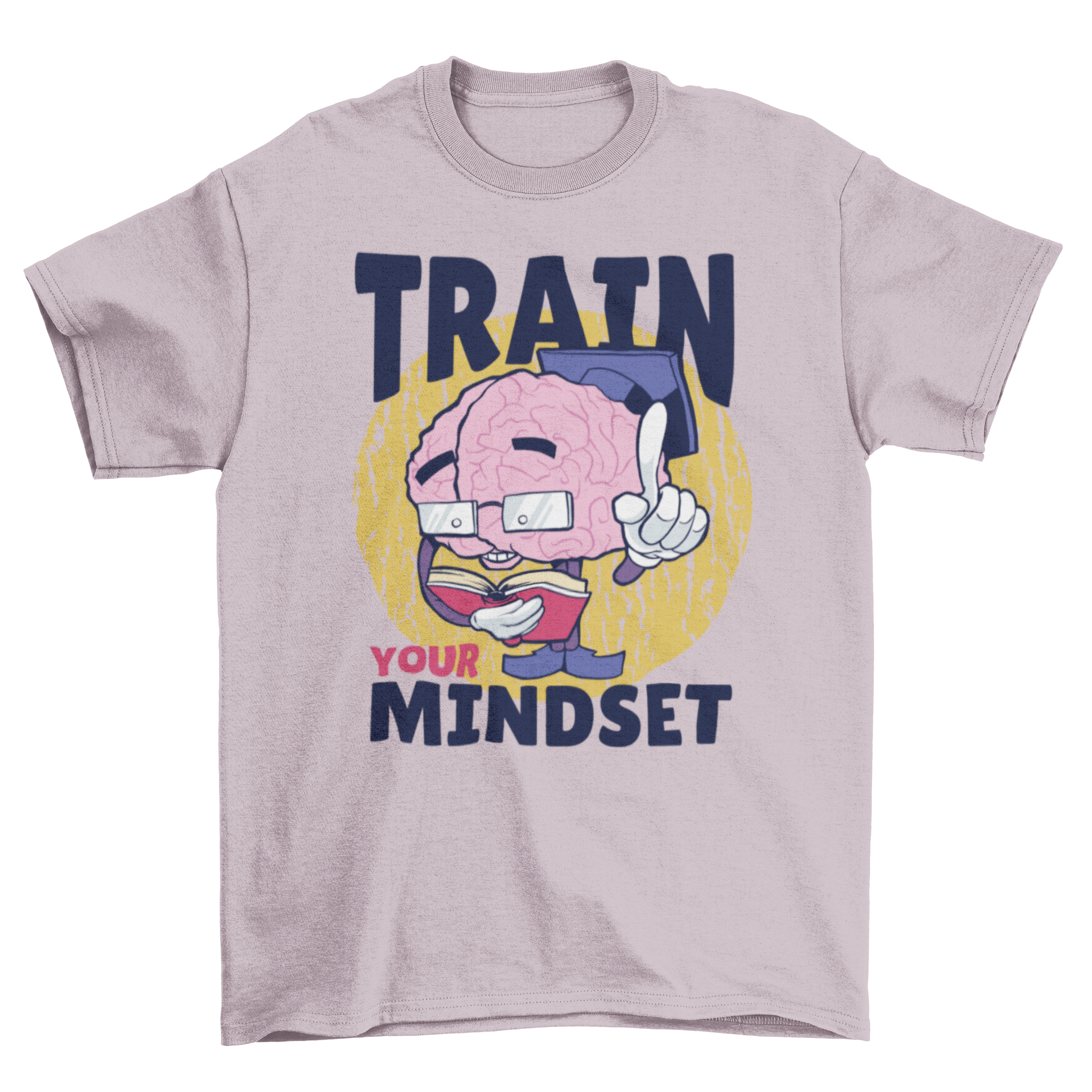 Train Your Mindset t-shirt featuring a cartoon brain with glasses and a hat, reading a book.