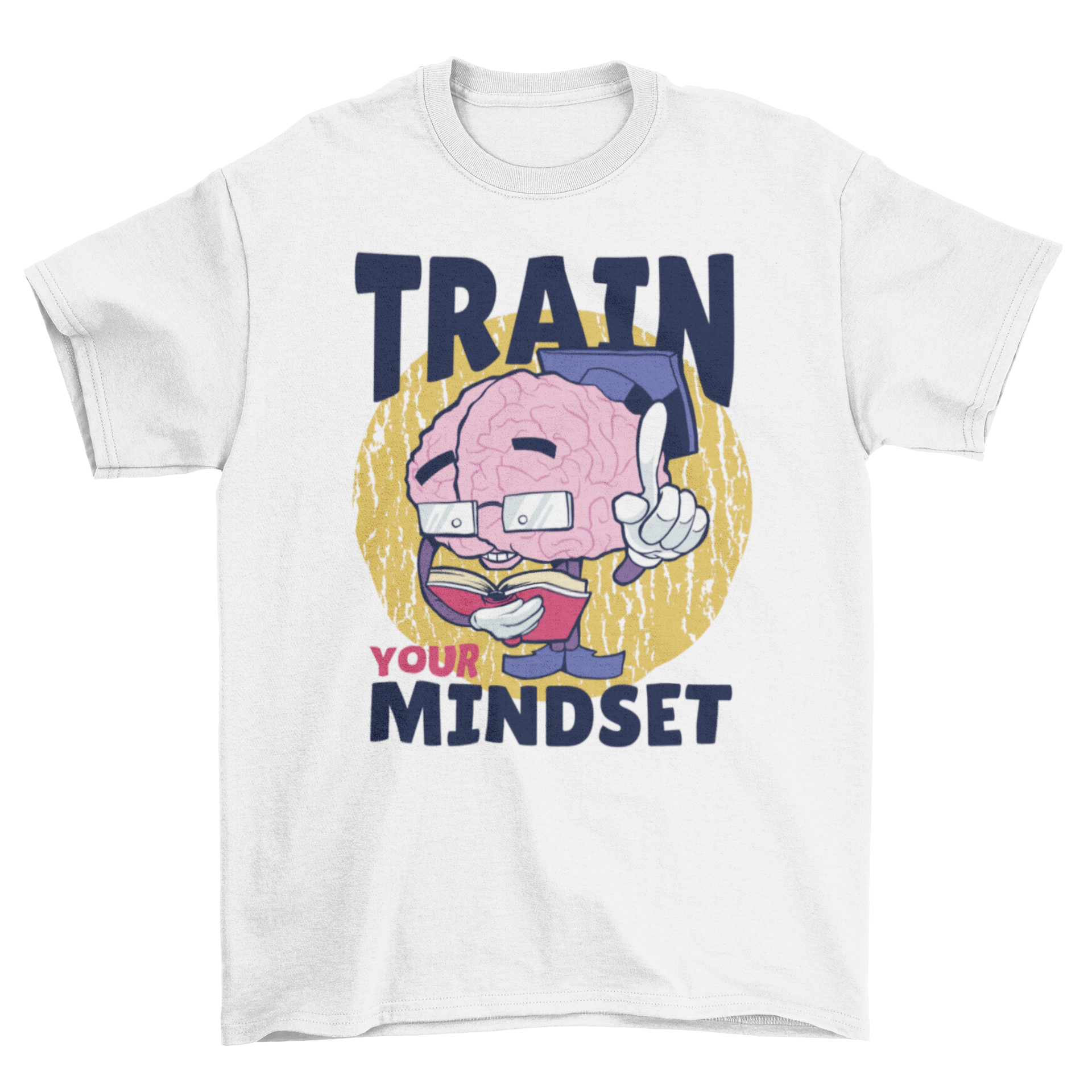 Train Your Mindset t-shirt featuring a cartoon brain with glasses and a hat, reading a book.