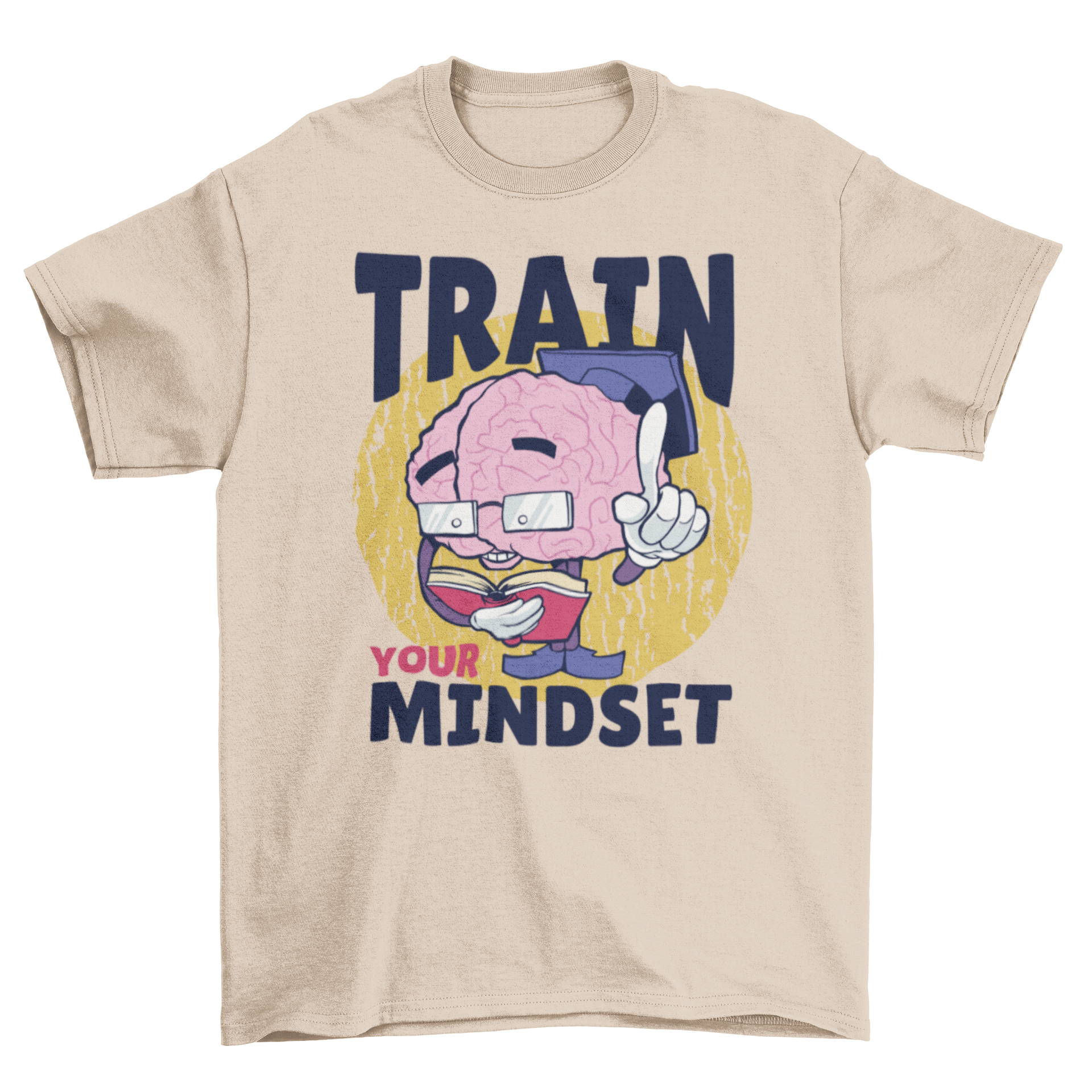 Train Your Mindset t-shirt featuring a cartoon brain with glasses and a hat, reading a book.