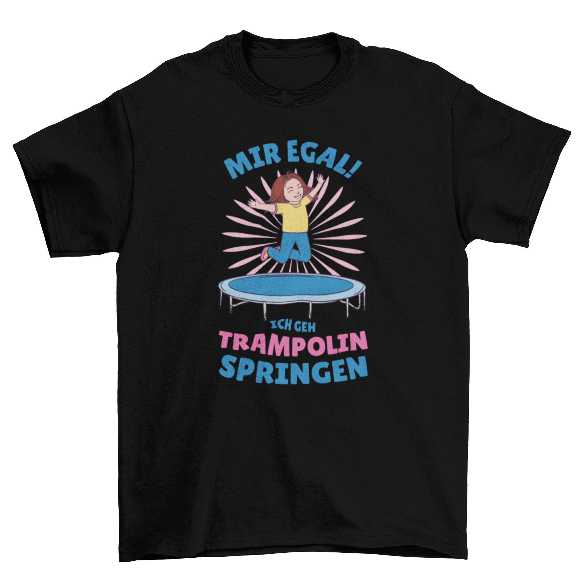 A vibrant t-shirt featuring a girl jumping on a trampoline with a motivational German quote.