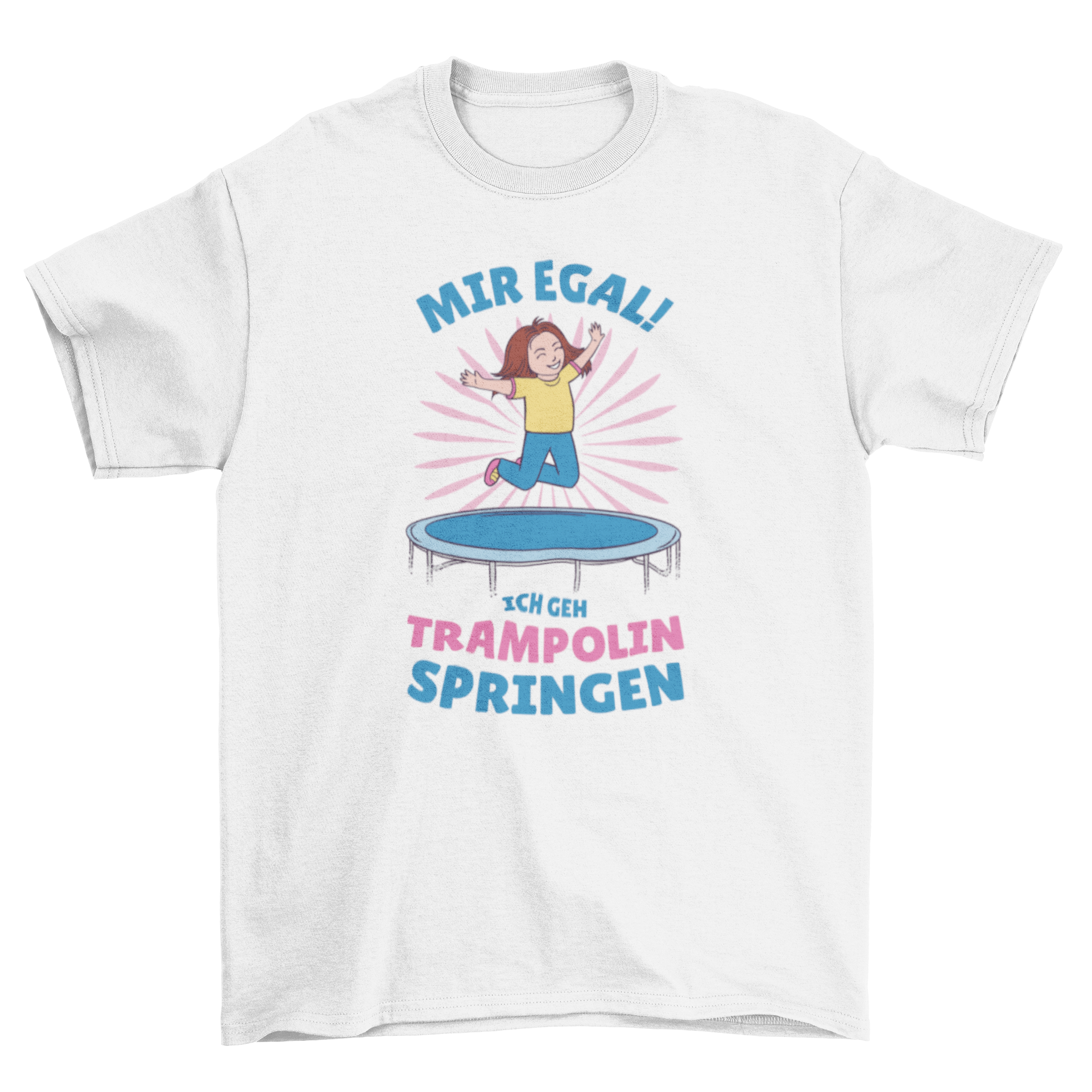 A vibrant t-shirt featuring a girl jumping on a trampoline with a motivational German quote.