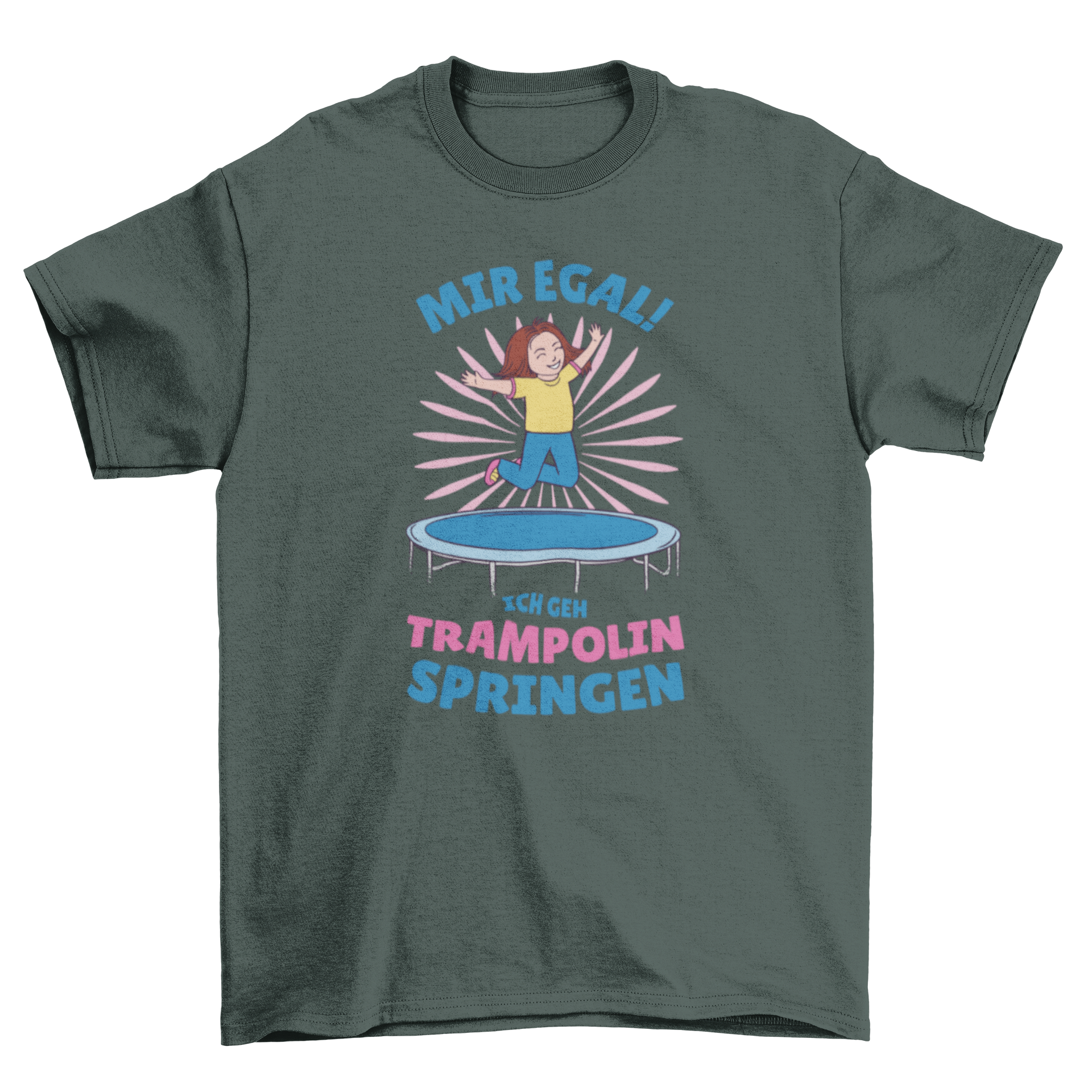 A vibrant t-shirt featuring a girl jumping on a trampoline with a motivational German quote.