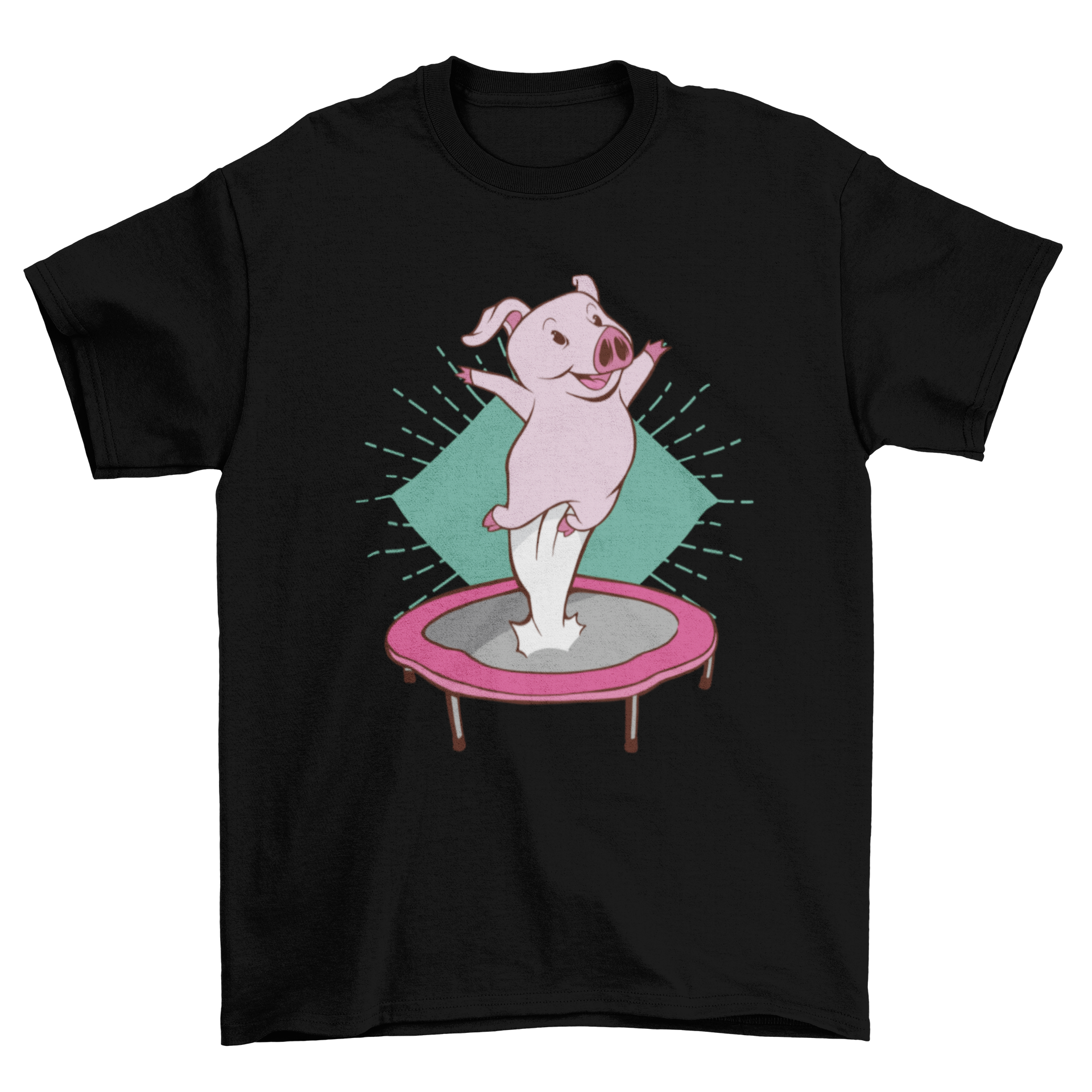 A playful t-shirt featuring a cute pig jumping joyfully on a trampoline, showcasing a fun and whimsical design.