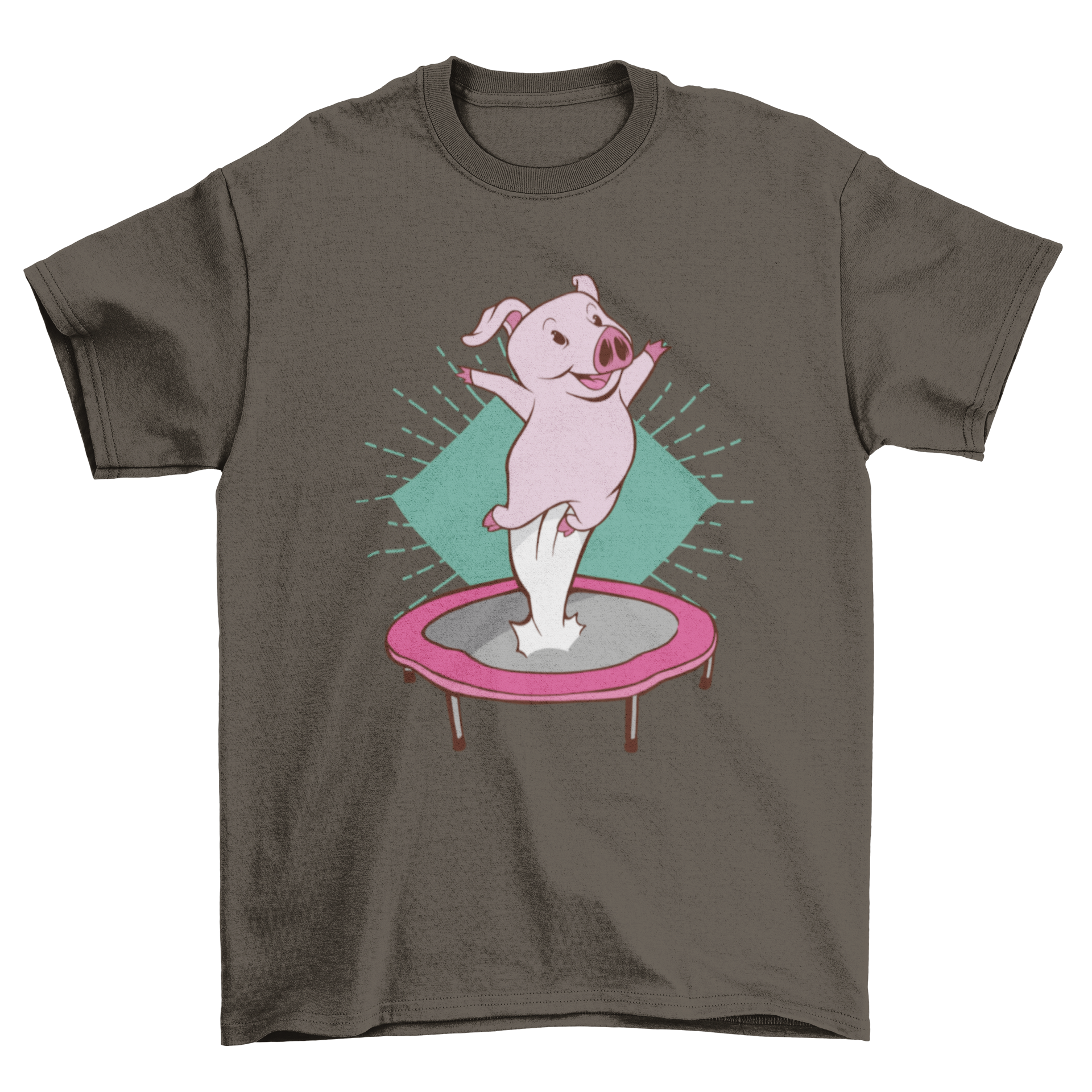 A playful t-shirt featuring a cute pig jumping joyfully on a trampoline, showcasing a fun and whimsical design.