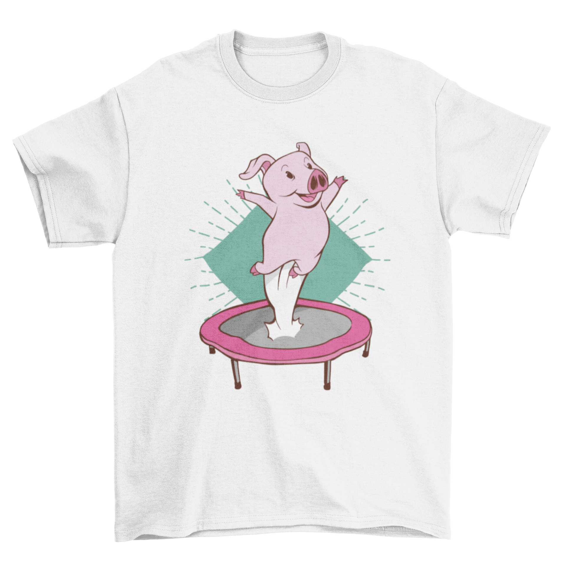 A playful t-shirt featuring a cute pig jumping joyfully on a trampoline, showcasing a fun and whimsical design.