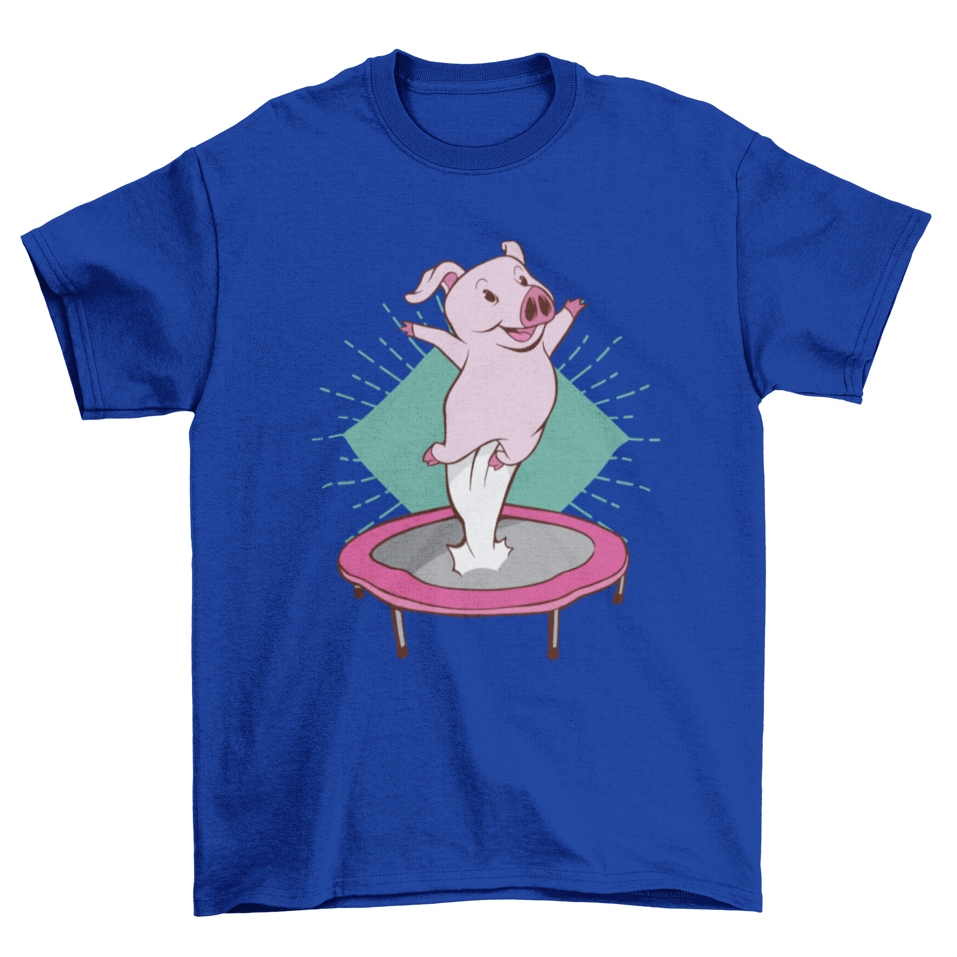 A playful t-shirt featuring a cute pig jumping joyfully on a trampoline, showcasing a fun and whimsical design.