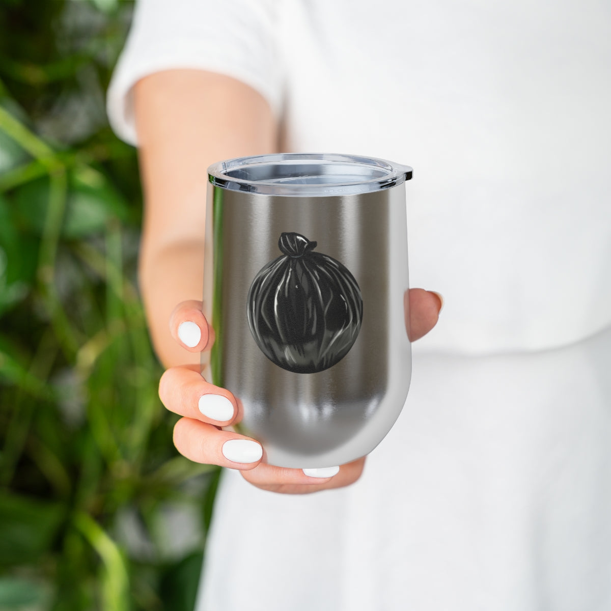 Trash Bag 12oz Insulated Wine Tumbler with clear lid and stainless steel body, perfect for hot and cold beverages.