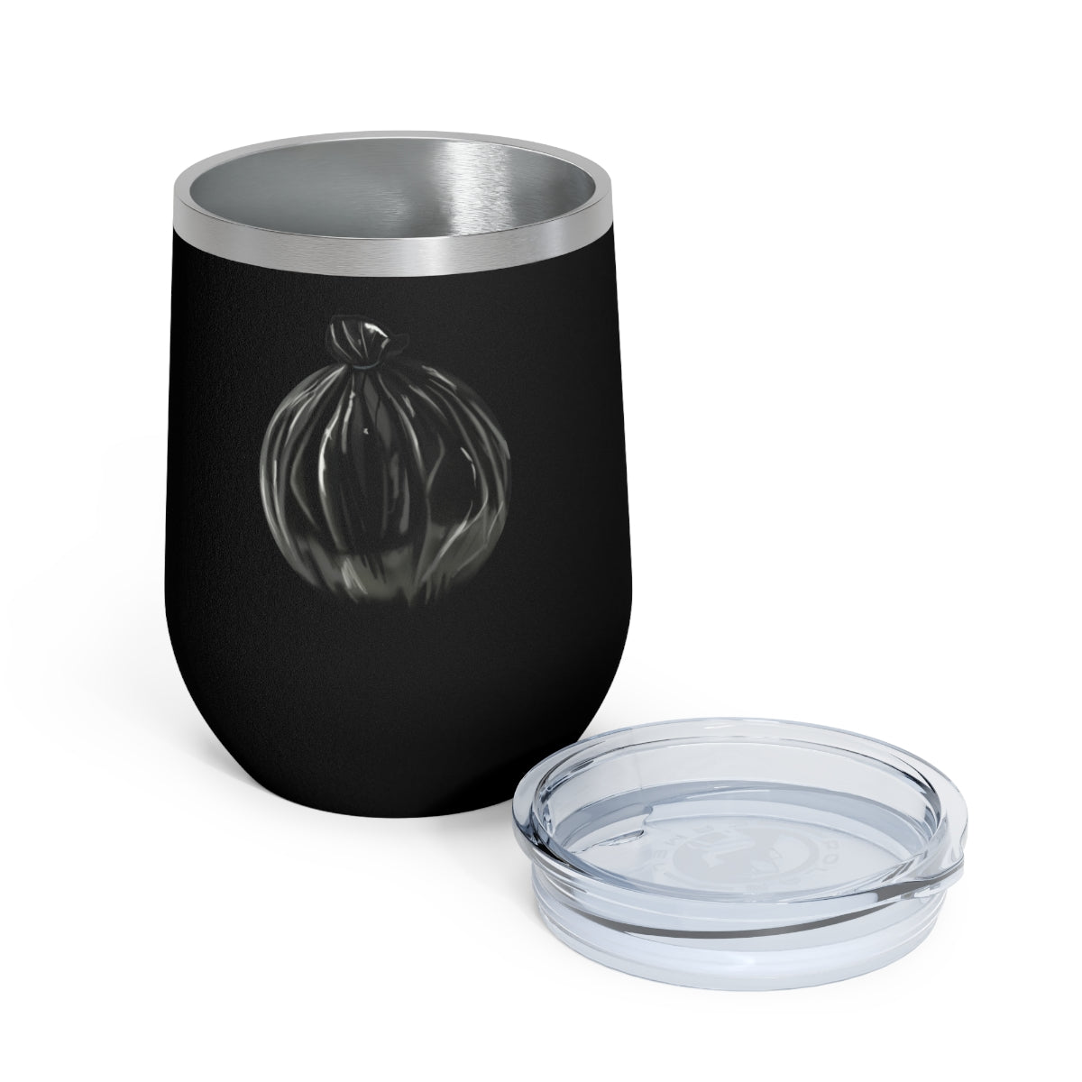 Trash Bag 12oz Insulated Wine Tumbler with clear lid and stainless steel body, perfect for hot and cold beverages.