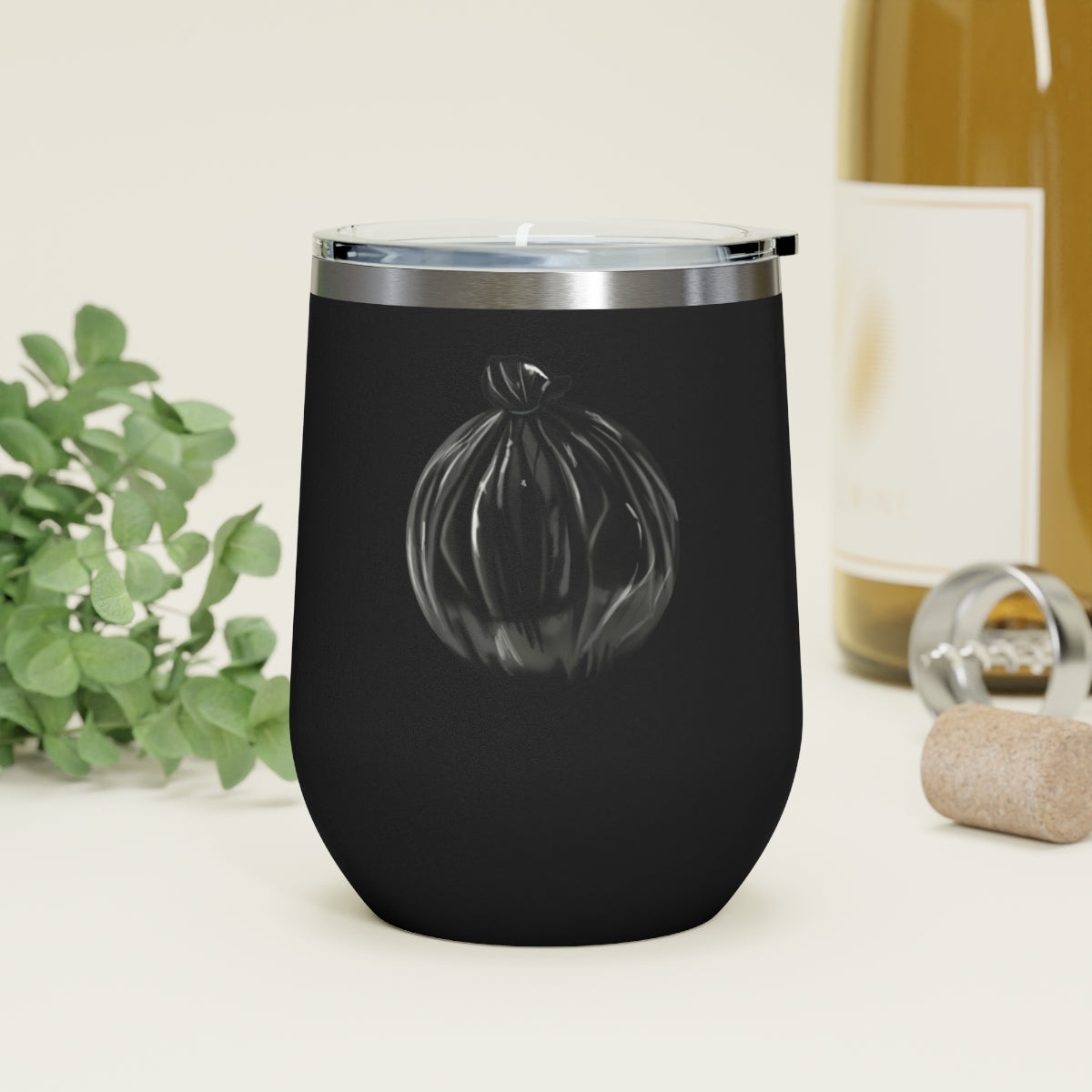 Trash Bag 12oz Insulated Wine Tumbler with clear lid and stainless steel body, perfect for hot and cold beverages.