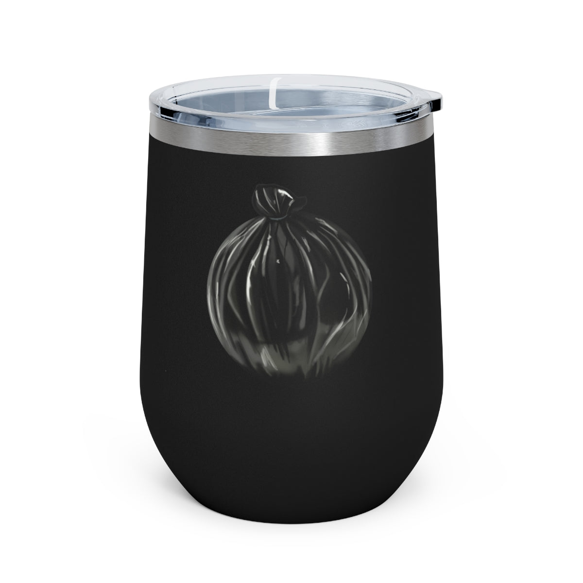 Trash Bag 12oz Insulated Wine Tumbler with clear lid and stainless steel body, perfect for hot and cold beverages.