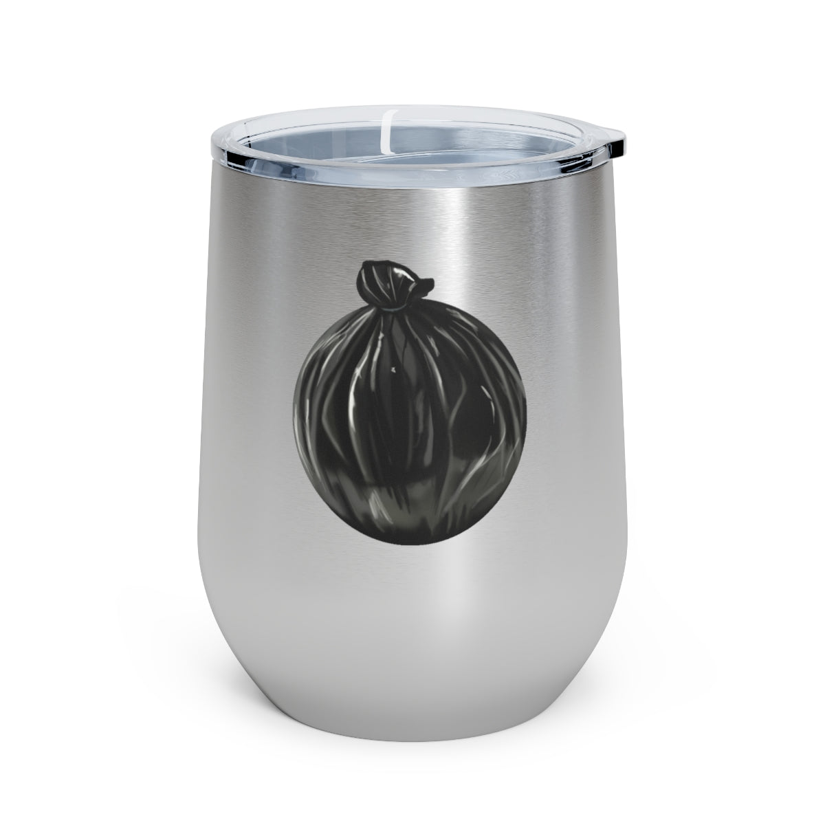 Trash Bag 12oz Insulated Wine Tumbler with clear lid and stainless steel body, perfect for hot and cold beverages.