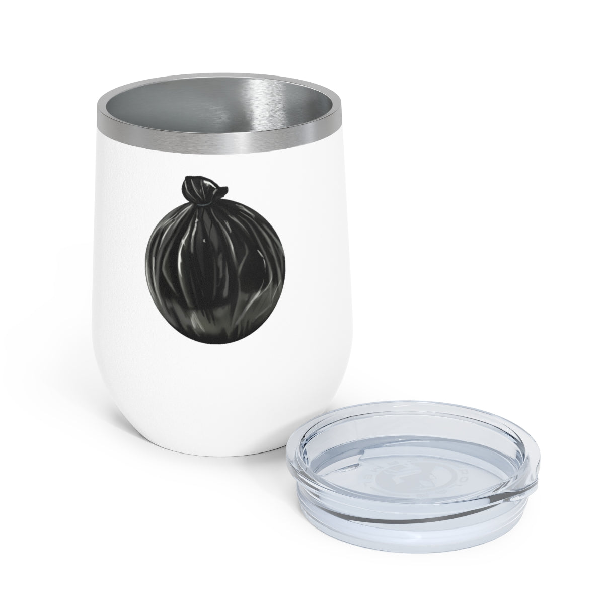 Trash Bag 12oz Insulated Wine Tumbler with clear lid and stainless steel body, perfect for hot and cold beverages.