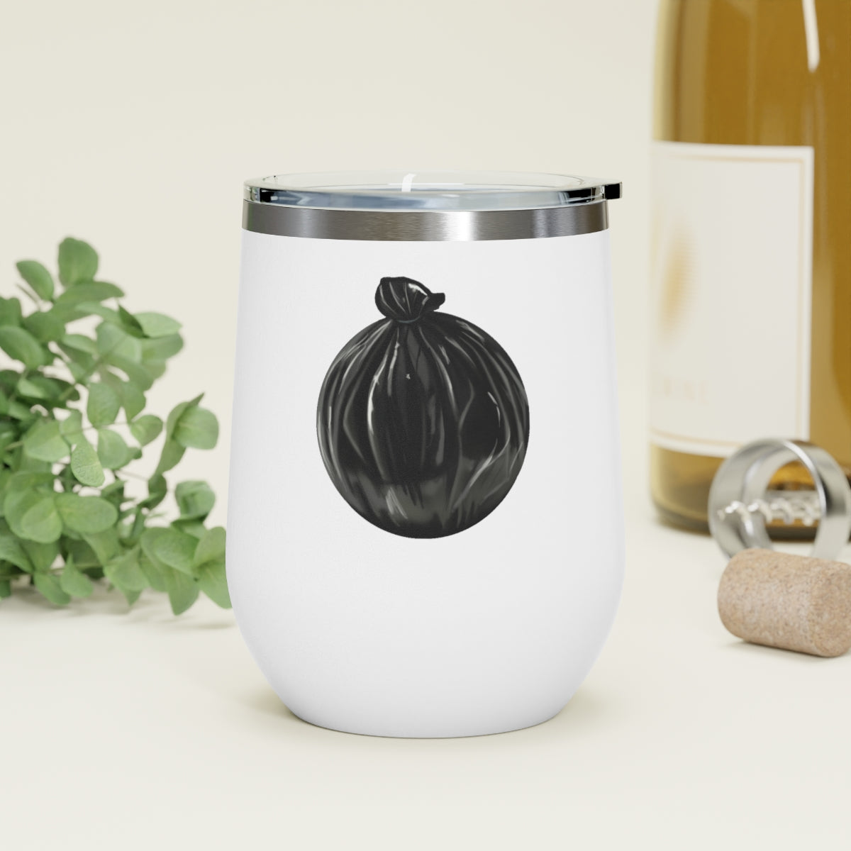 Trash Bag 12oz Insulated Wine Tumbler with clear lid and stainless steel body, perfect for hot and cold beverages.