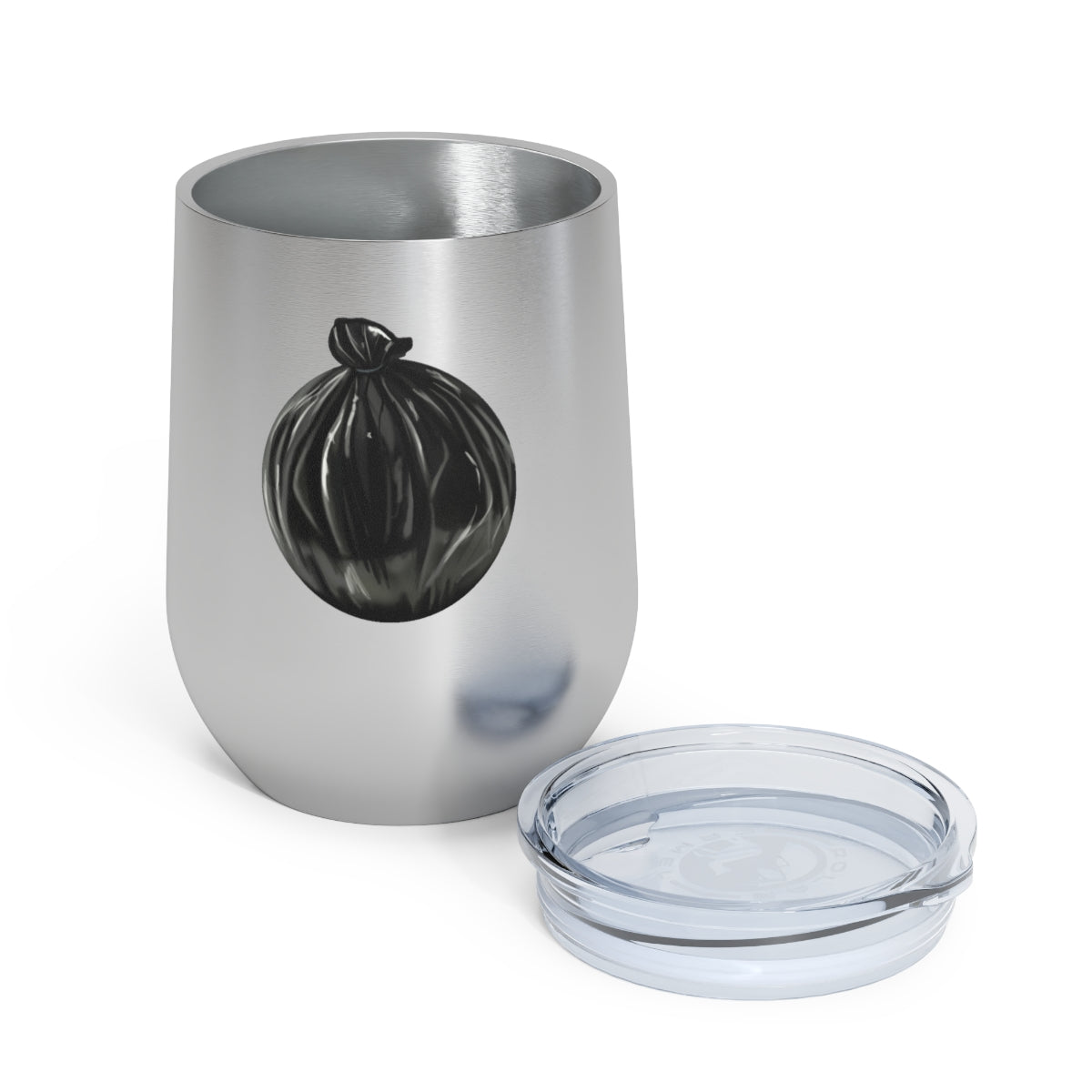 Trash Bag 12oz Insulated Wine Tumbler with clear lid and stainless steel body, perfect for hot and cold beverages.