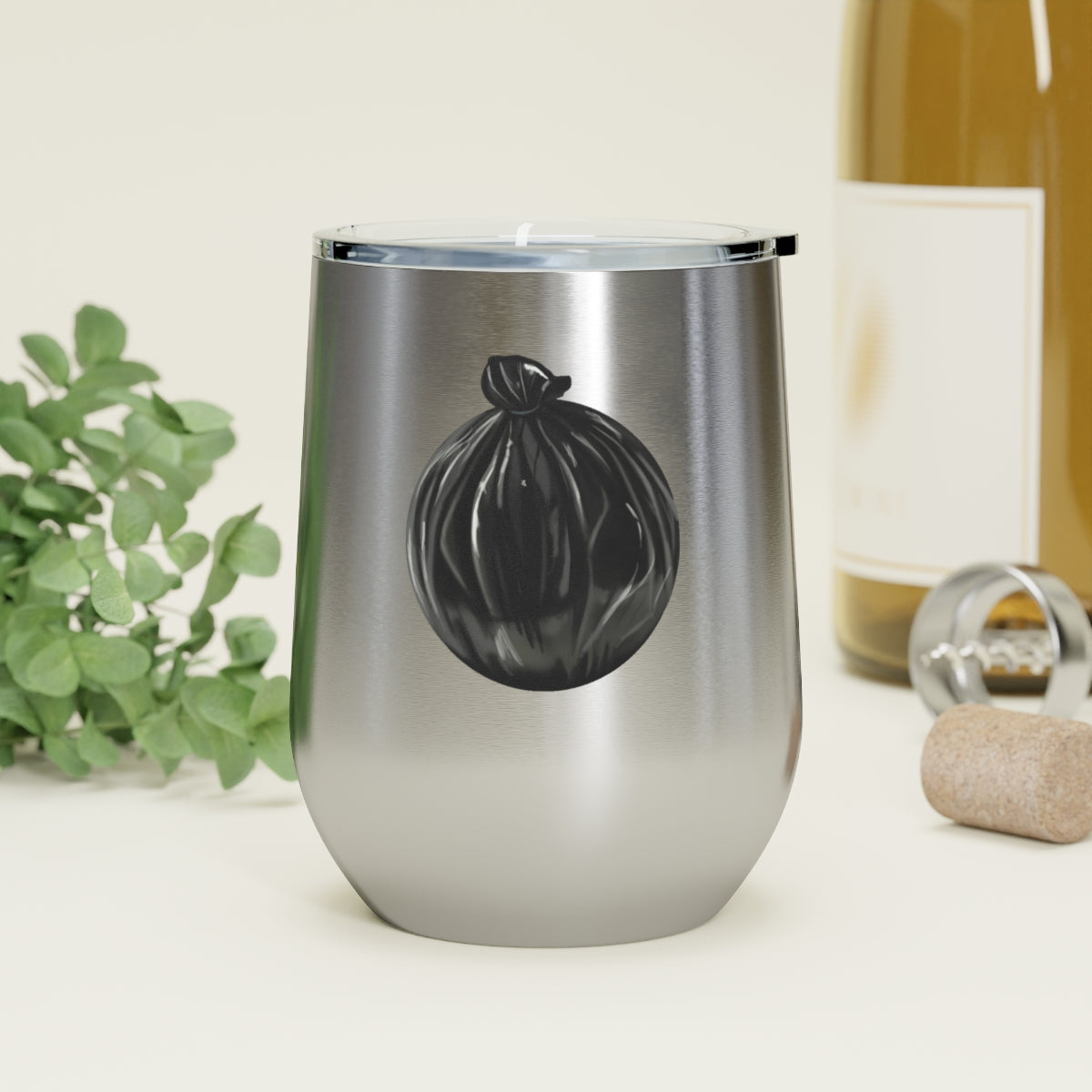 Trash Bag 12oz Insulated Wine Tumbler with clear lid and stainless steel body, perfect for hot and cold beverages.