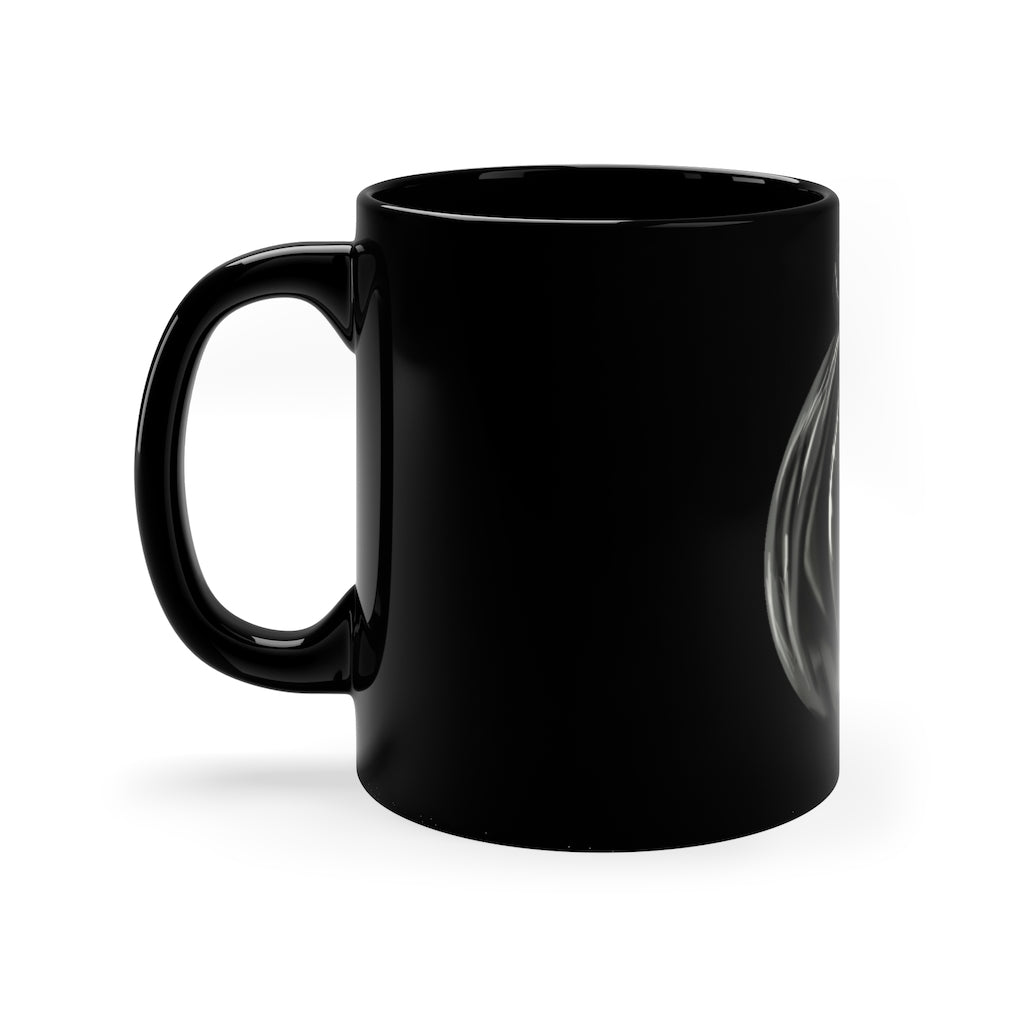 A sleek black ceramic mug with a C-handle, perfect for coffee, tea, or hot chocolate, featuring customizable designs.