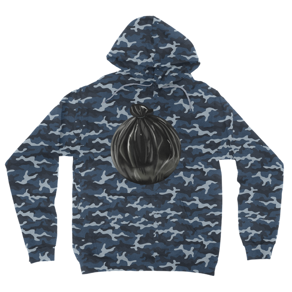 Trash Bag Camouflage Adult Hoodie featuring a classic camo print, double fabric hood, and kangaroo pouch pocket.