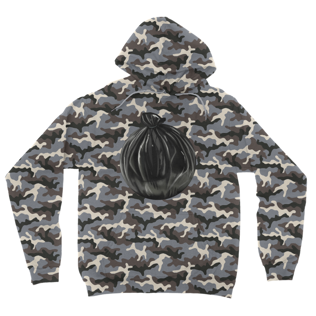 Trash Bag Camouflage Adult Hoodie featuring a classic camo print, double fabric hood, and kangaroo pouch pocket.