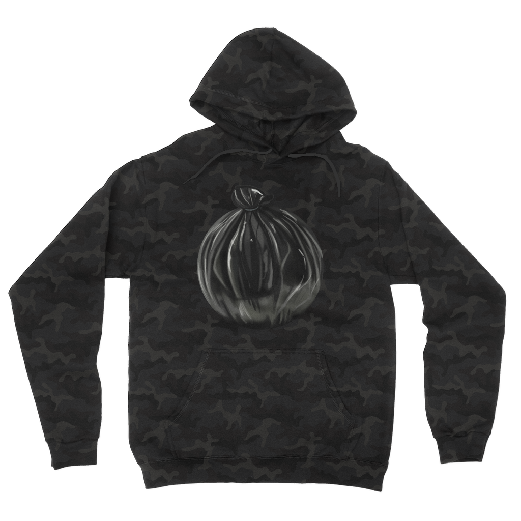 Trash Bag Camouflage Adult Hoodie featuring a classic camo print, double fabric hood, and kangaroo pouch pocket.