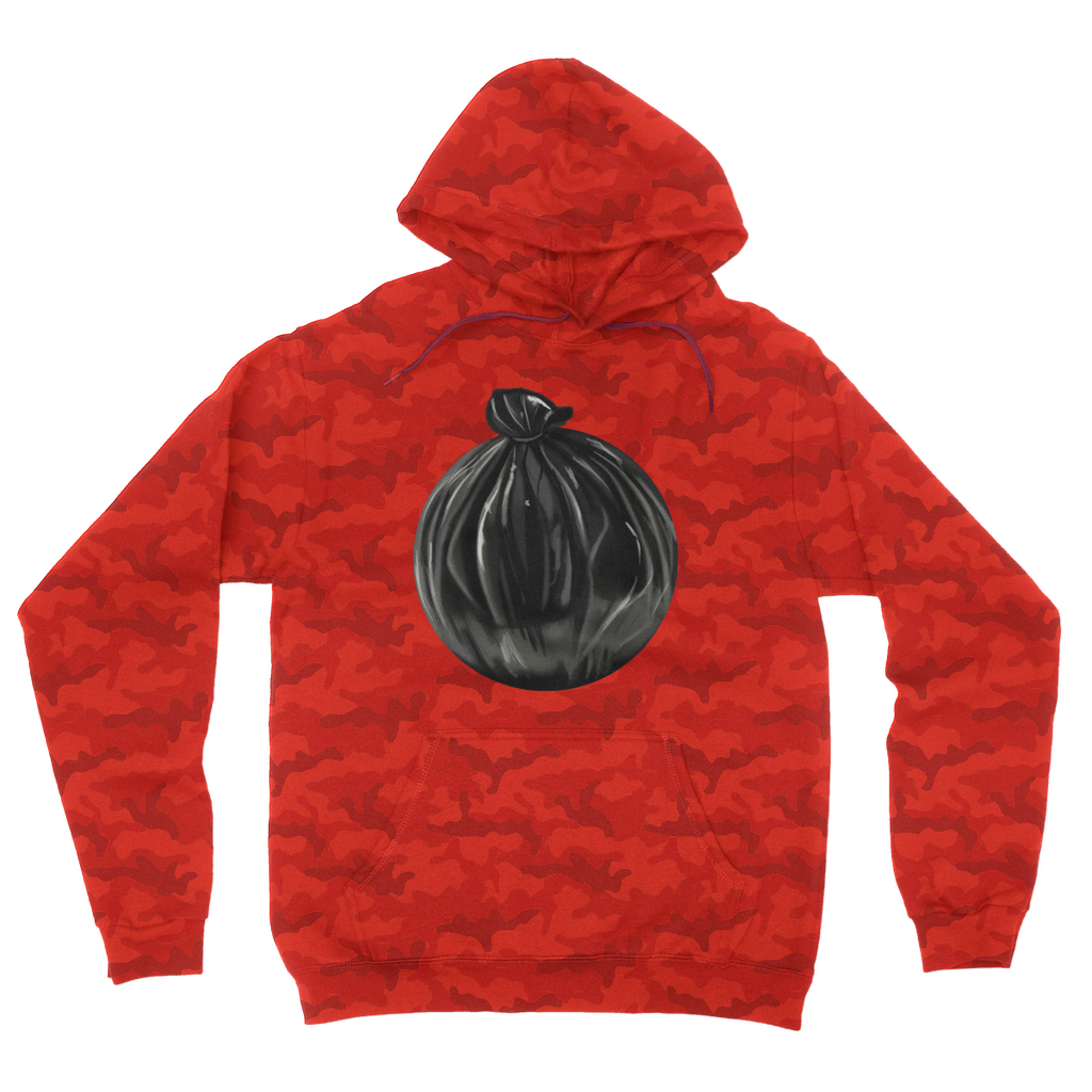 Trash Bag Camouflage Adult Hoodie featuring a classic camo print, double fabric hood, and kangaroo pouch pocket.