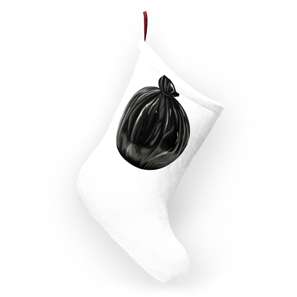 A set of colorful Trash Bag Christmas Stockings hanging by a fireplace, showcasing custom prints and a festive design.