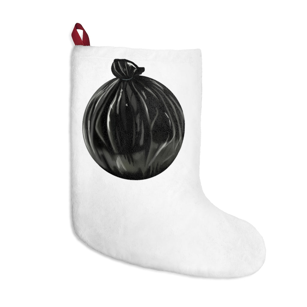 A set of colorful Trash Bag Christmas Stockings hanging by a fireplace, showcasing custom prints and a festive design.