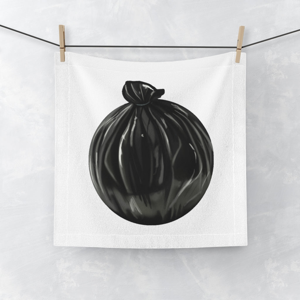 Trash Bag Face Towel featuring a customizable polyester front and soft cotton back, ideal for personal designs.