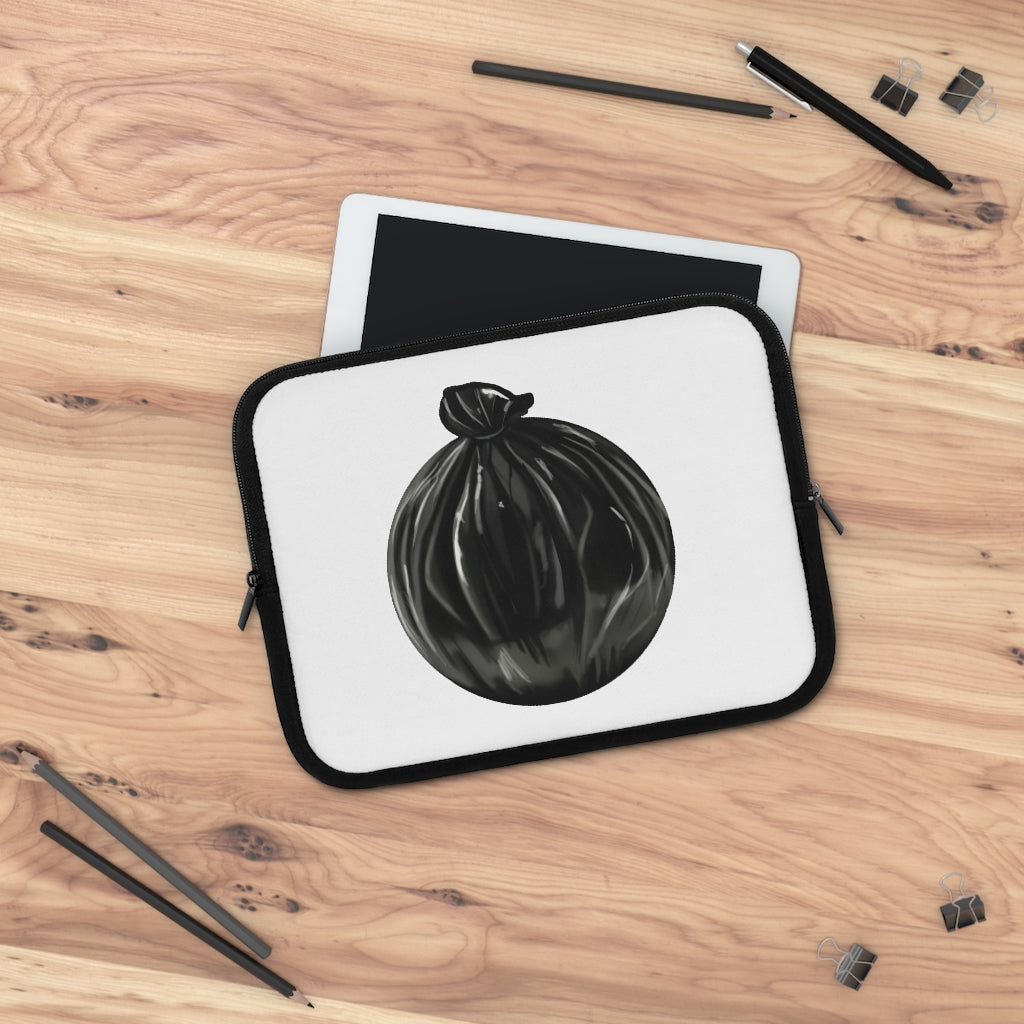 A stylish Trash Bag Laptop Sleeve made of smooth neoprene, featuring a customizable front and solid black back, designed for laptops of various sizes.