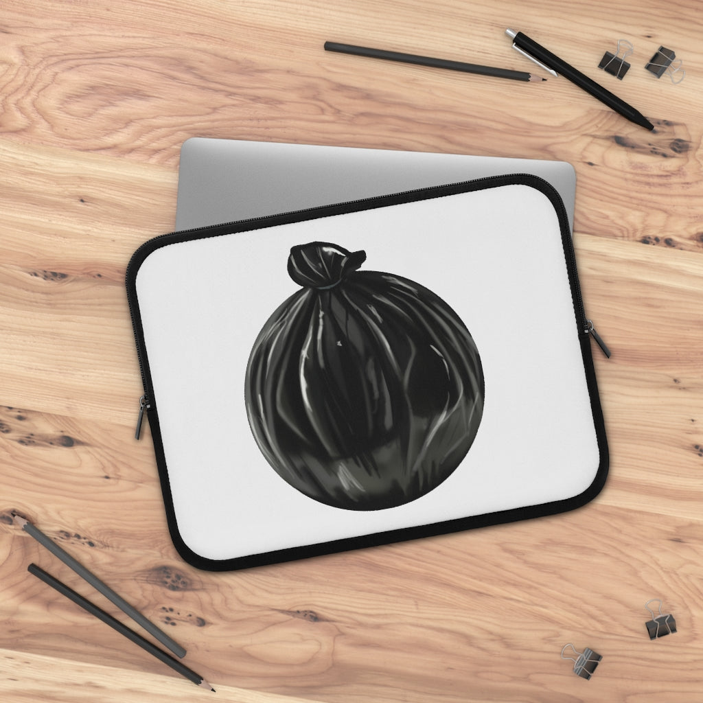 A stylish Trash Bag Laptop Sleeve made of smooth neoprene, featuring a customizable front and solid black back, designed for laptops of various sizes.