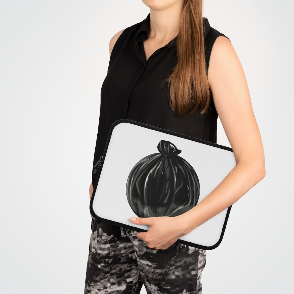 A stylish Trash Bag Laptop Sleeve made of smooth neoprene, featuring a customizable front and solid black back, designed for laptops of various sizes.