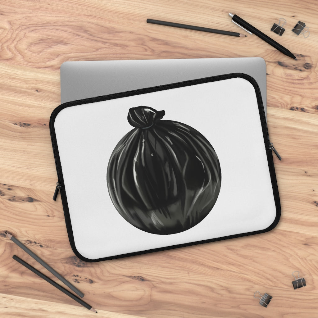 A stylish Trash Bag Laptop Sleeve made of smooth neoprene, featuring a customizable front and solid black back, designed for laptops of various sizes.