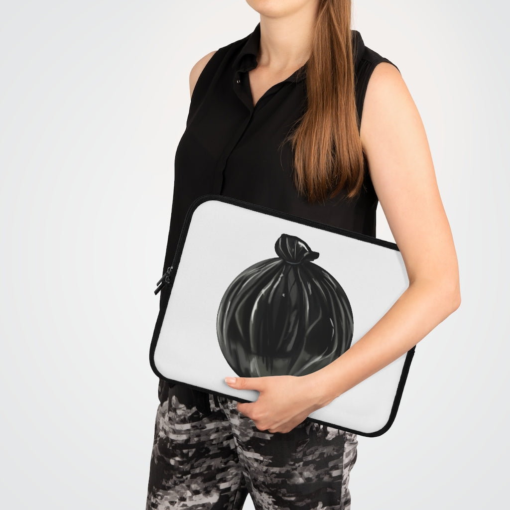 A stylish Trash Bag Laptop Sleeve made of smooth neoprene, featuring a customizable front and solid black back, designed for laptops of various sizes.