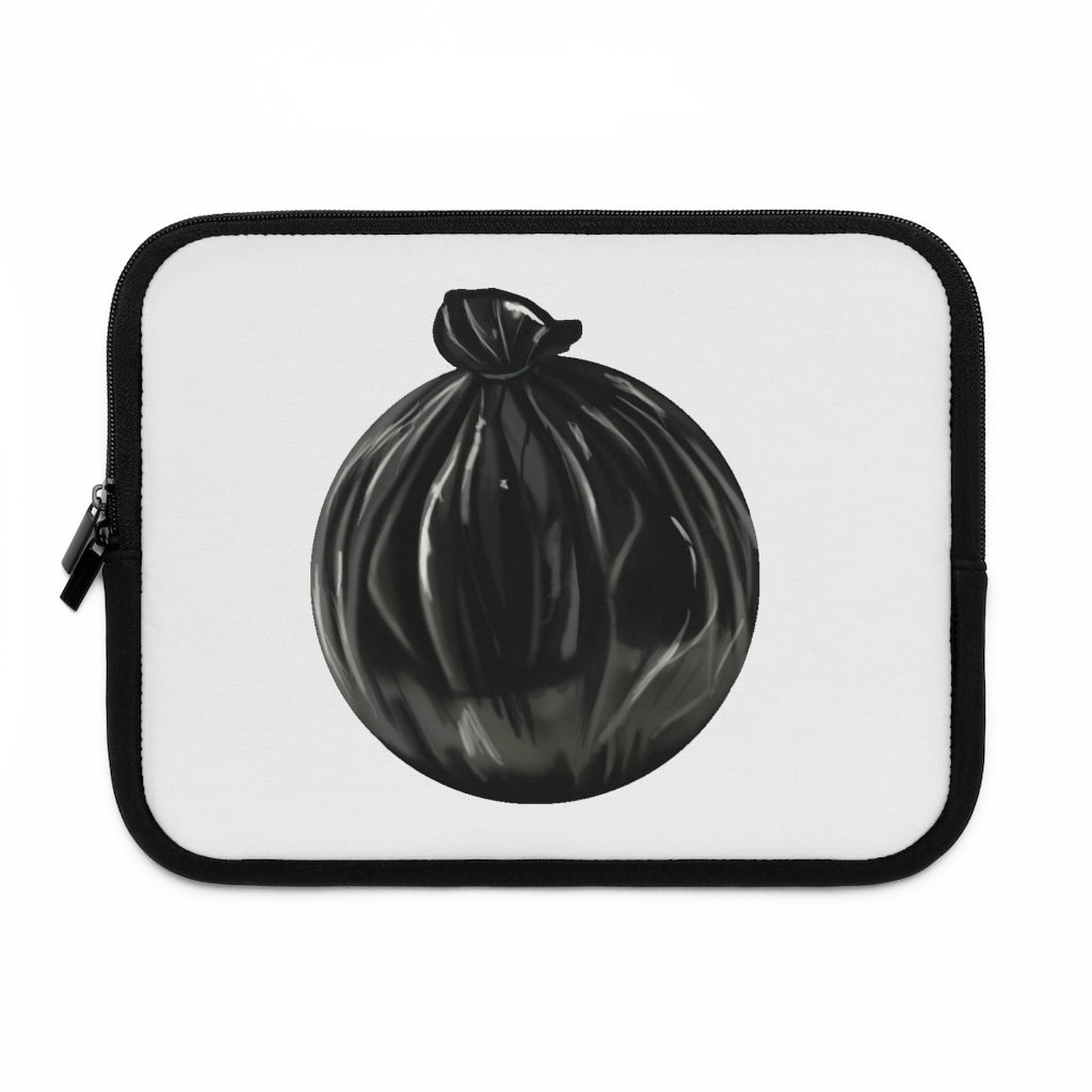 A stylish Trash Bag Laptop Sleeve made of smooth neoprene, featuring a customizable front and solid black back, designed for laptops of various sizes.