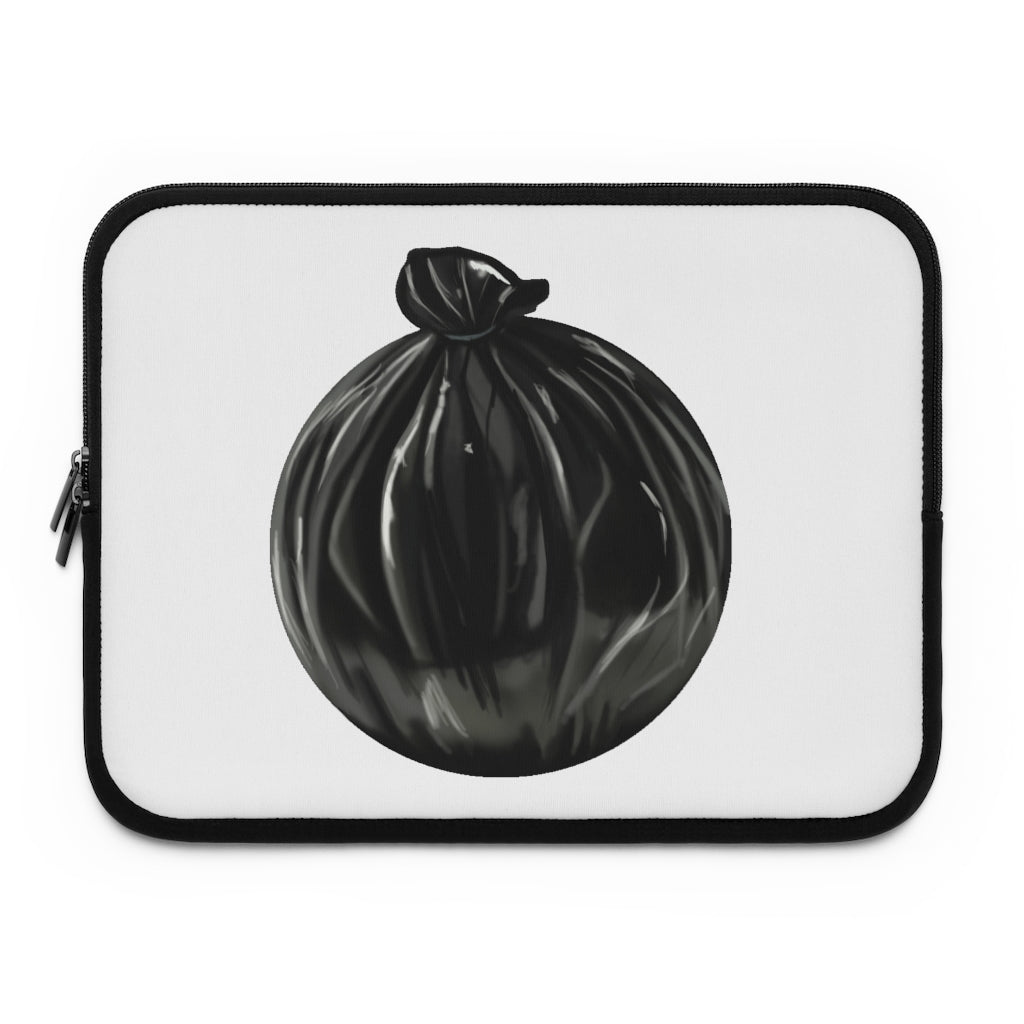 A stylish Trash Bag Laptop Sleeve made of smooth neoprene, featuring a customizable front and solid black back, designed for laptops of various sizes.