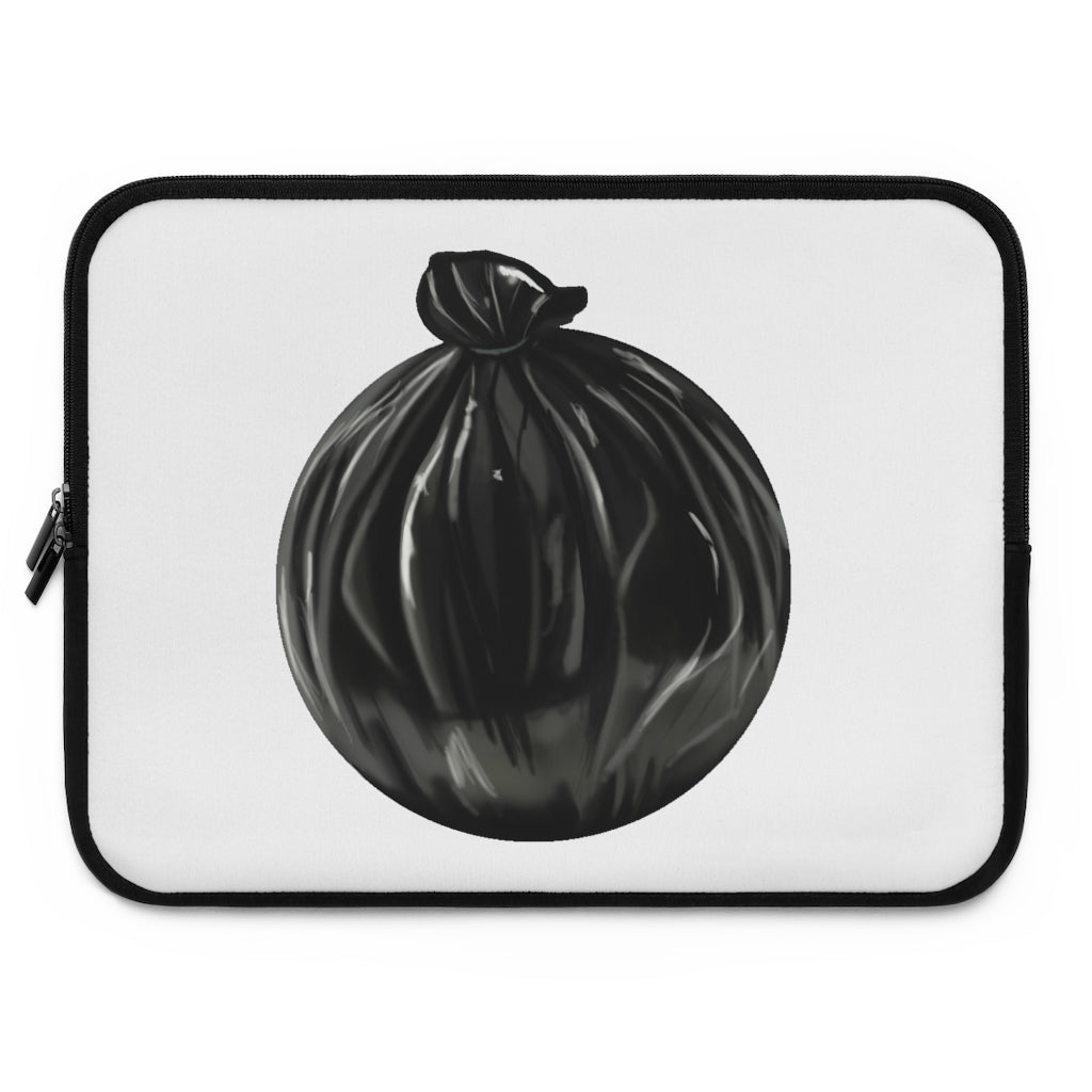 A stylish Trash Bag Laptop Sleeve made of smooth neoprene, featuring a customizable front and solid black back, designed for laptops of various sizes.